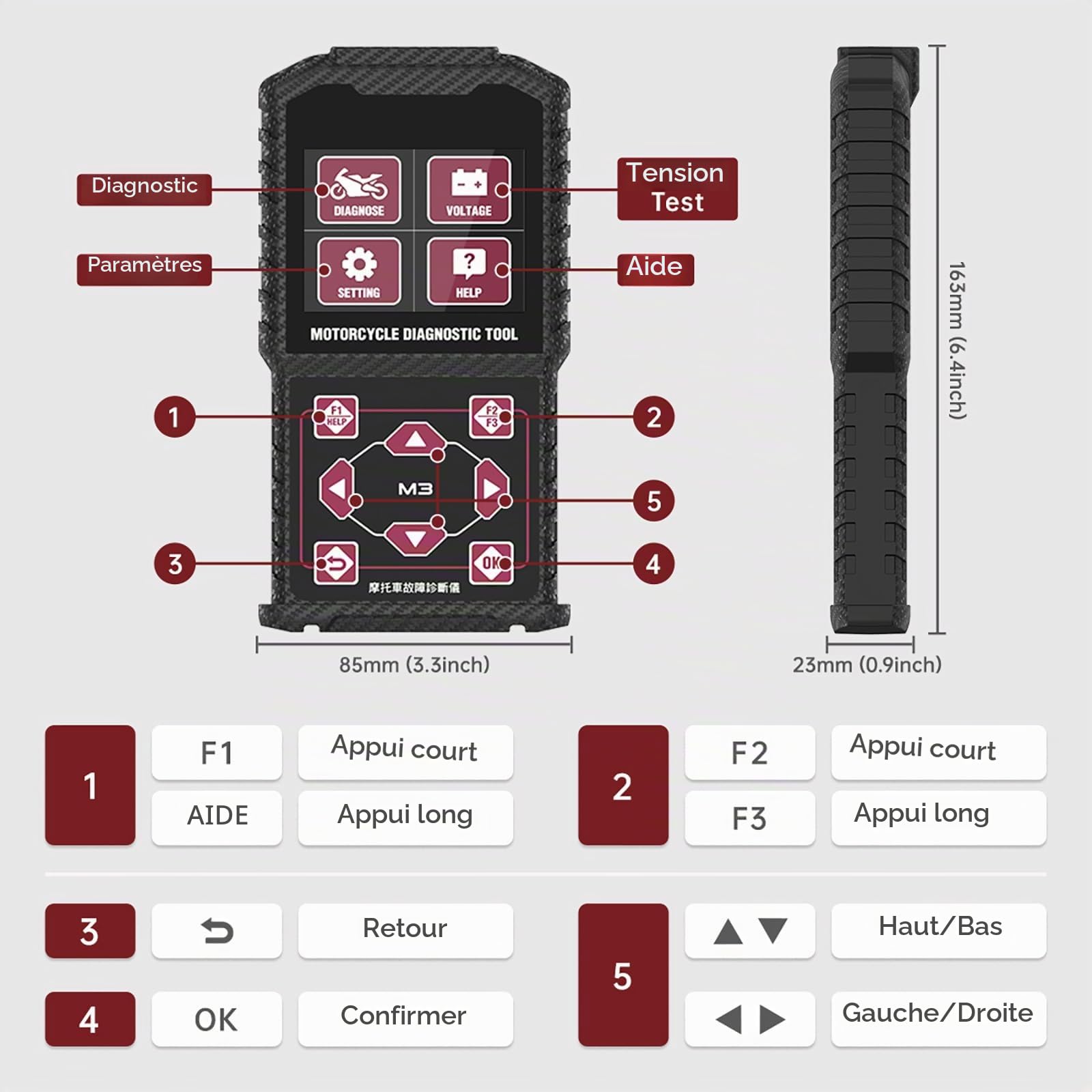 Scanner Diagnostic Moto M3-A - Outil de Diagnostic OBD2 Professionnel pour Moto Yamaha, Kawasaki,Honda,avec Test de Batterie, Lecture/Effacement de Codes Défaut,Test Actuateur,12 Langues Dont Français