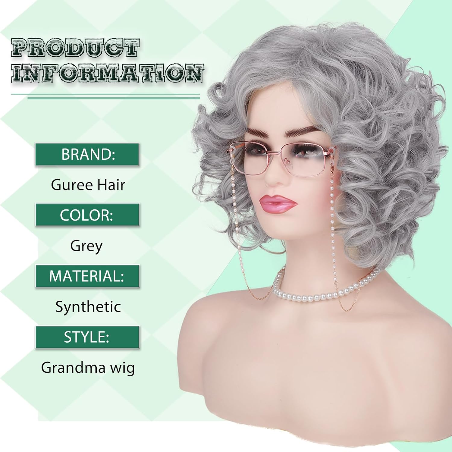 Old Lady Wigs for Women, Grey Wigs for Granny Grandma Costume-Gray Wig, Wig Cap, Madea Granny Glasses, Eyeglass Retainer Chain, Pearl Necklace (5pcs Set)