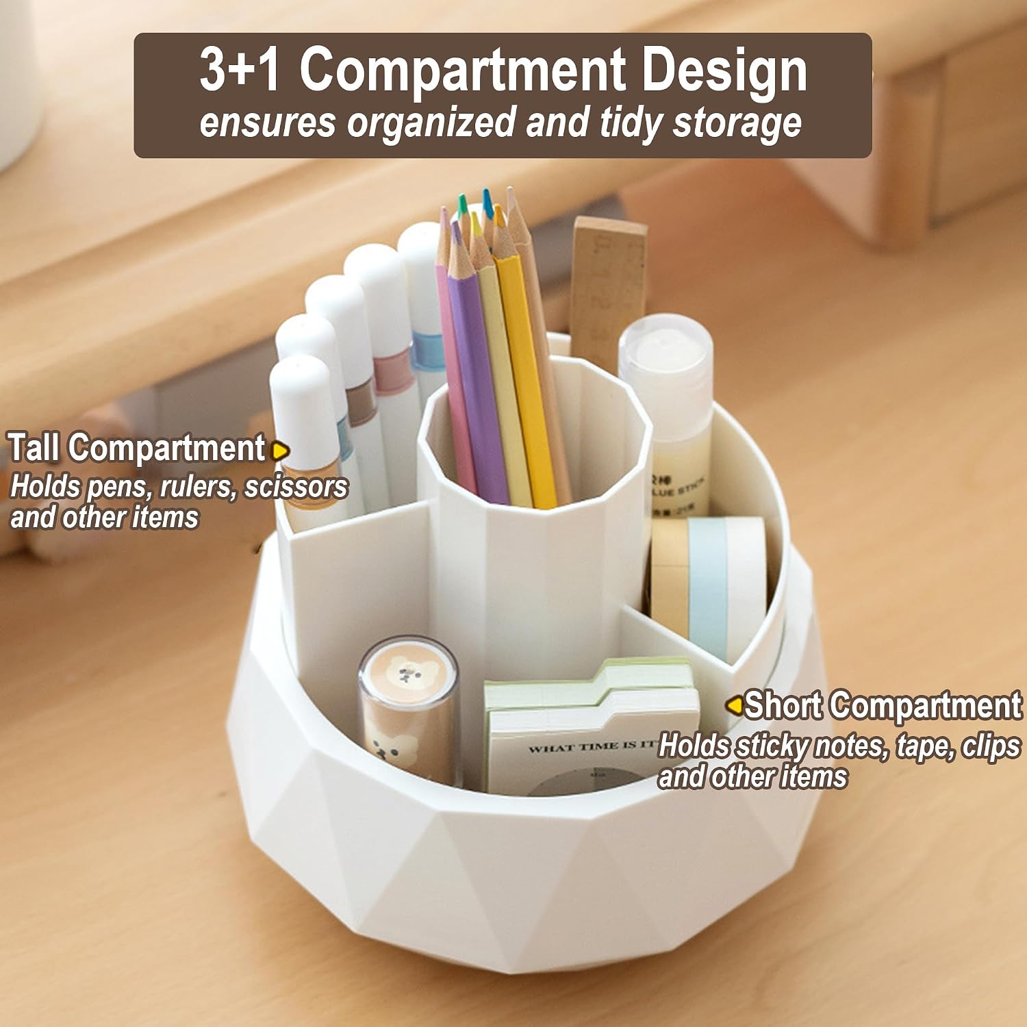 360° Rotating Pen Holder, Large Capacity Pencil Organizer with 4 Compartments for Office and Art Supplies (White) image 2