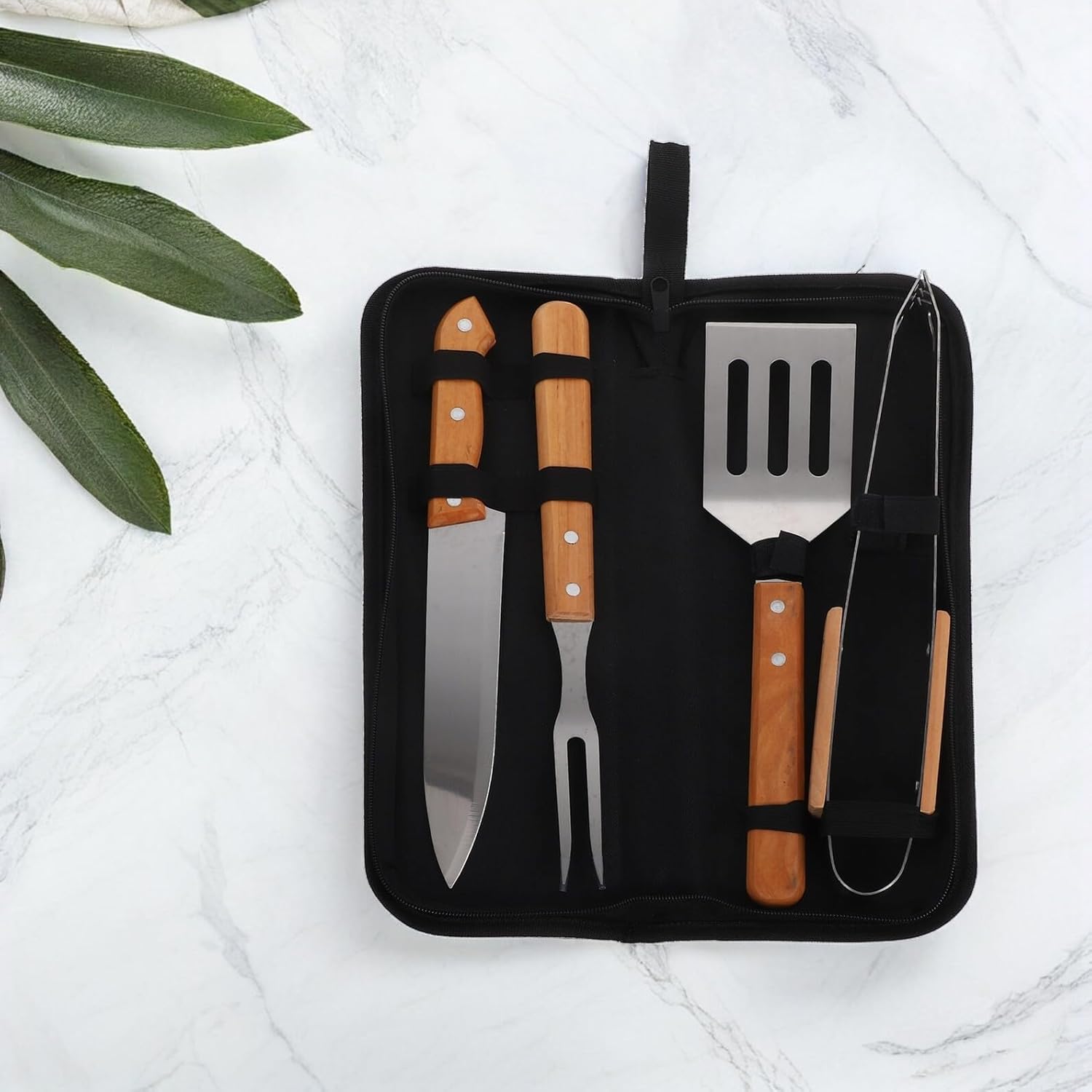 Stainless Steel Barbecue Utensils Set with Wood Handles, 4pcs Outdoor BBQ Grill Tools Kit in Portable Carrying Bag for Picnics Beach Parties