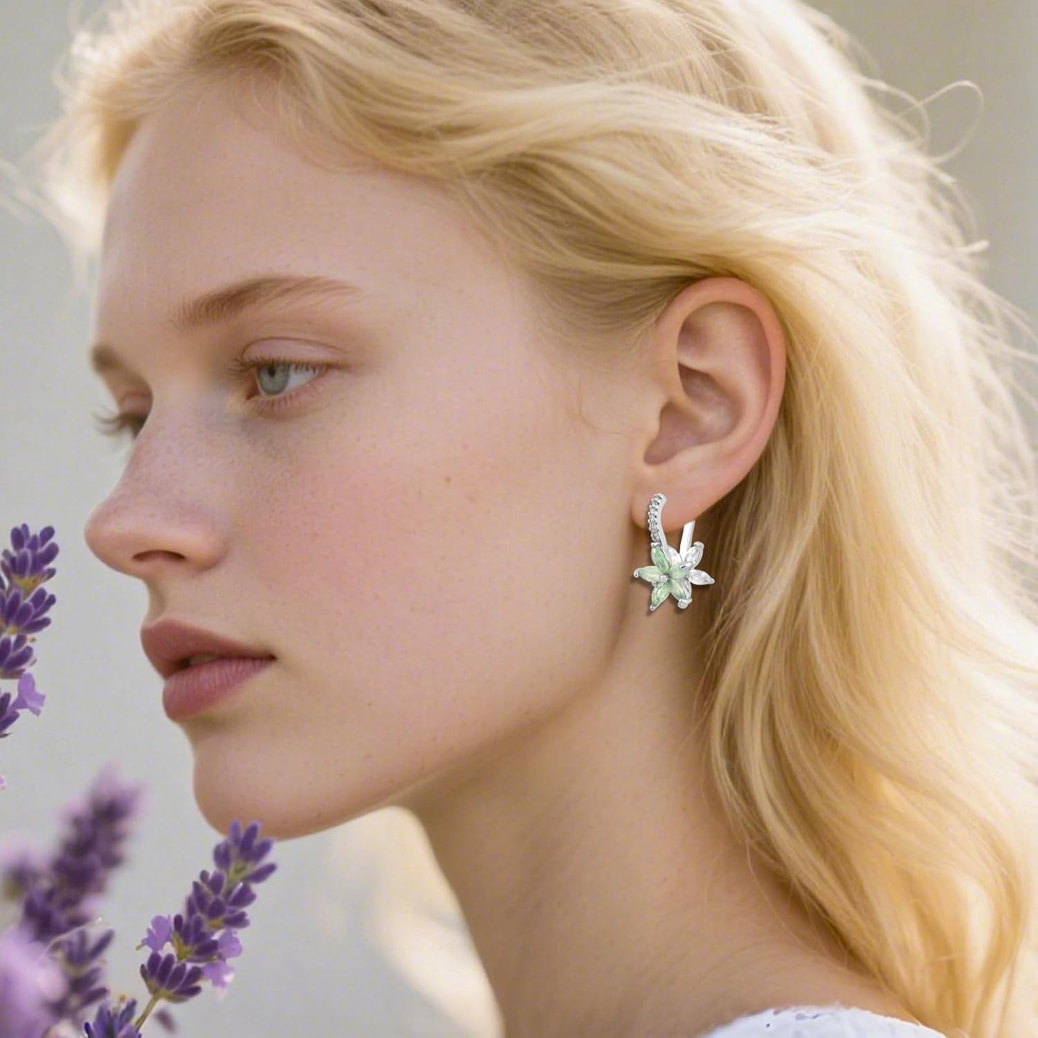 Flower Petal Earrings for Women, Light Blue Crystal Cubic Zirconia Hoop Earring Alloy Floral Fashion Statement Jewelry Gift Leverback Earrings - Image 7