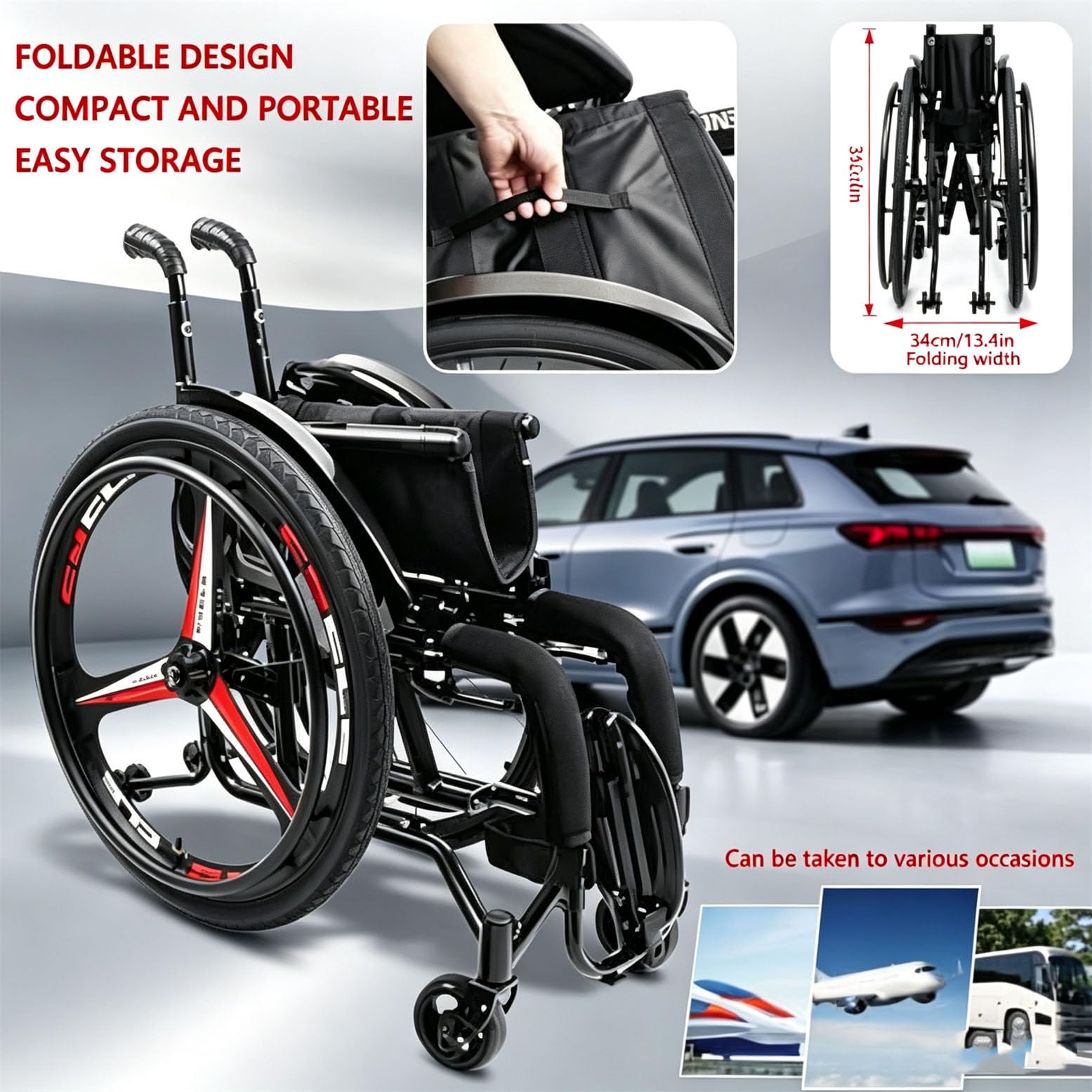 Wózek inwalidzki terenowy, składany i ultralekki, nośność 220 funtów, z siedziskiem o szerokości 38 cm/42 cm dla aktywnych dorosłych, z szybkozłącznymi tylnymi kołami black-SeatW42cm