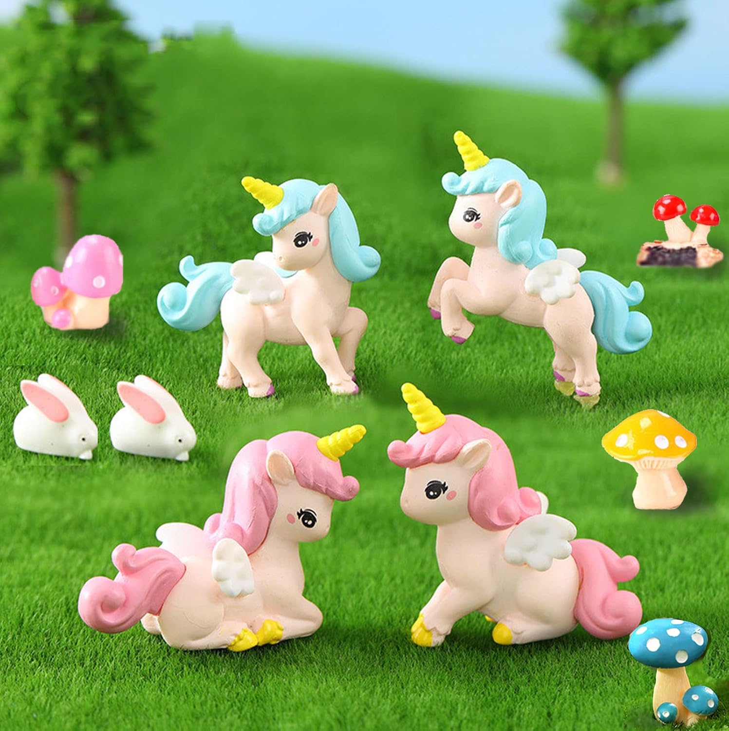 Fariy Garden Accessories, Fairy Garden Kits, 10pcs Unicorns, Rabbits and Mini Mushroom Miniature Figurines -for Dollhouse Desktop Fariy Garden Flower Pot Art Crafts Gifts
