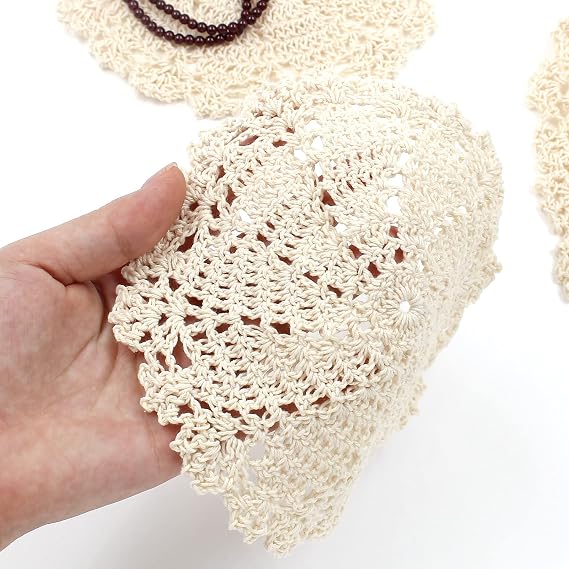 Jiozermi Hand Crochet Lace Doilies, 7 Inch, Beige, 4 Pcs