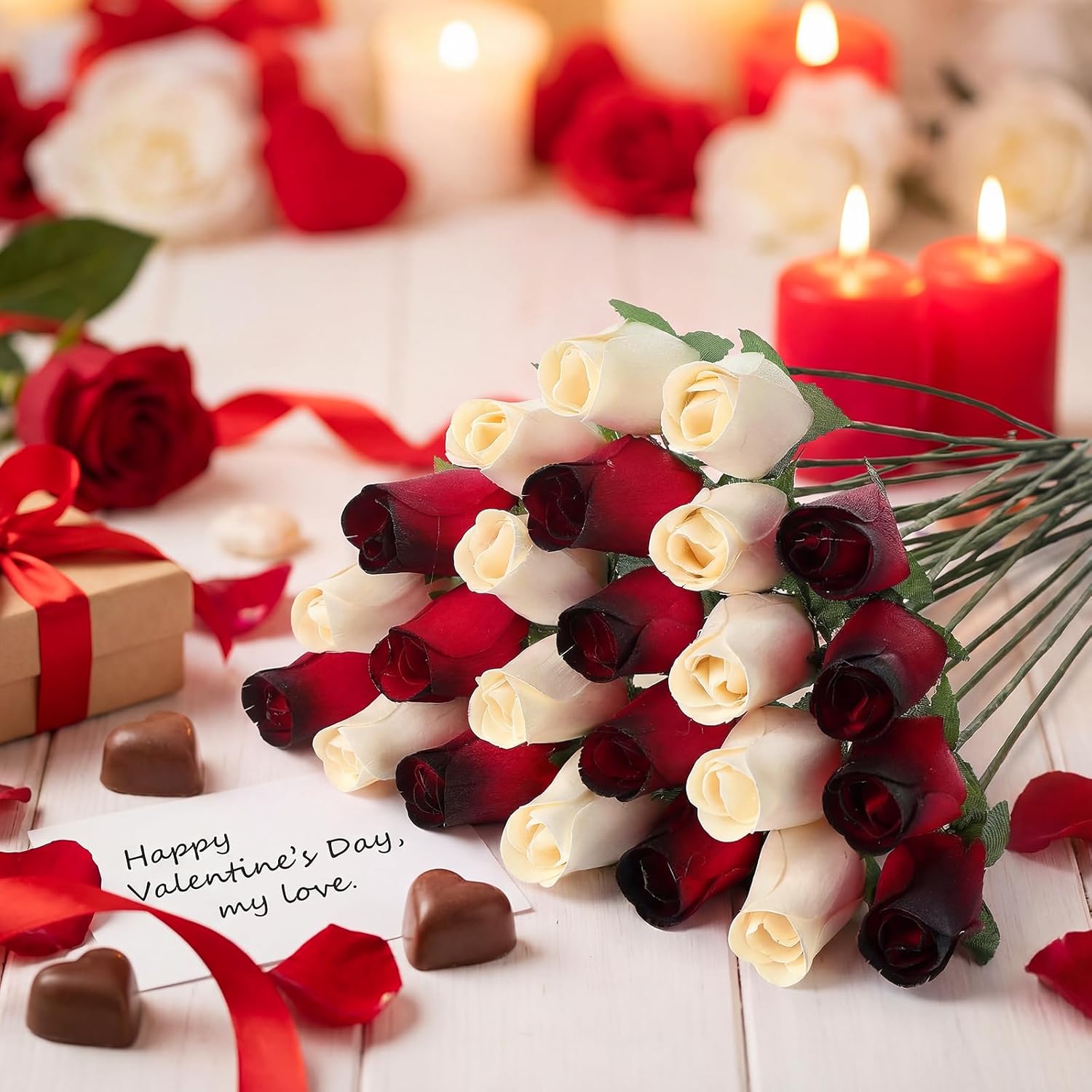 Suncalla 24 Pcs Wooden Roses 13'' Beautiful Realistic Wood Roses Flower for Mother Day Preserved Wedding Reception Holiday Homer Decor for Mom Dad(Red and White)