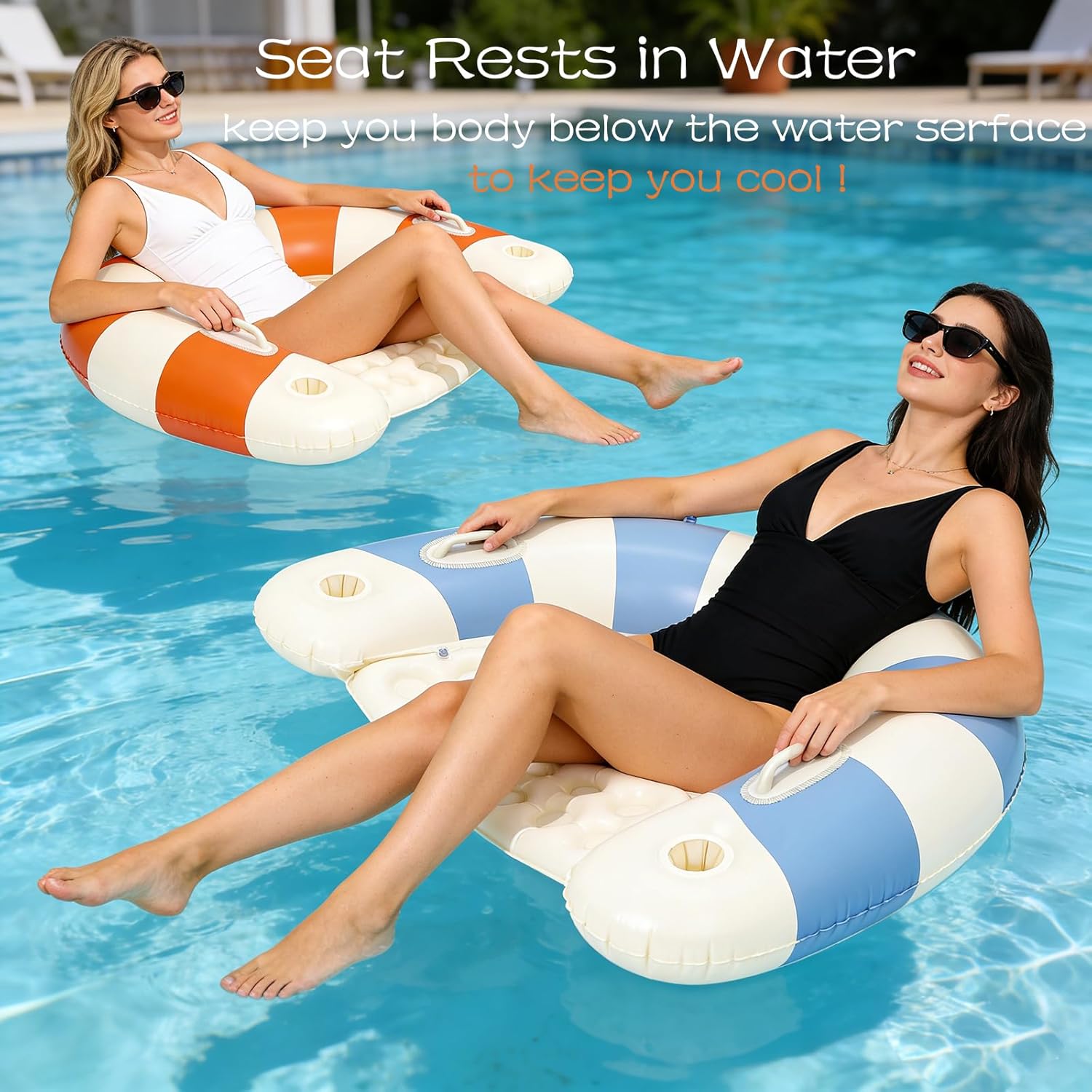 2 Pack Pool Chairs with Cup Holders-Inflatable Pool Floats for Adult,Blow up Floats Chair,Striped Pool Float Chairs for Relaxing Summer Water Fun Swimming Party Supplies