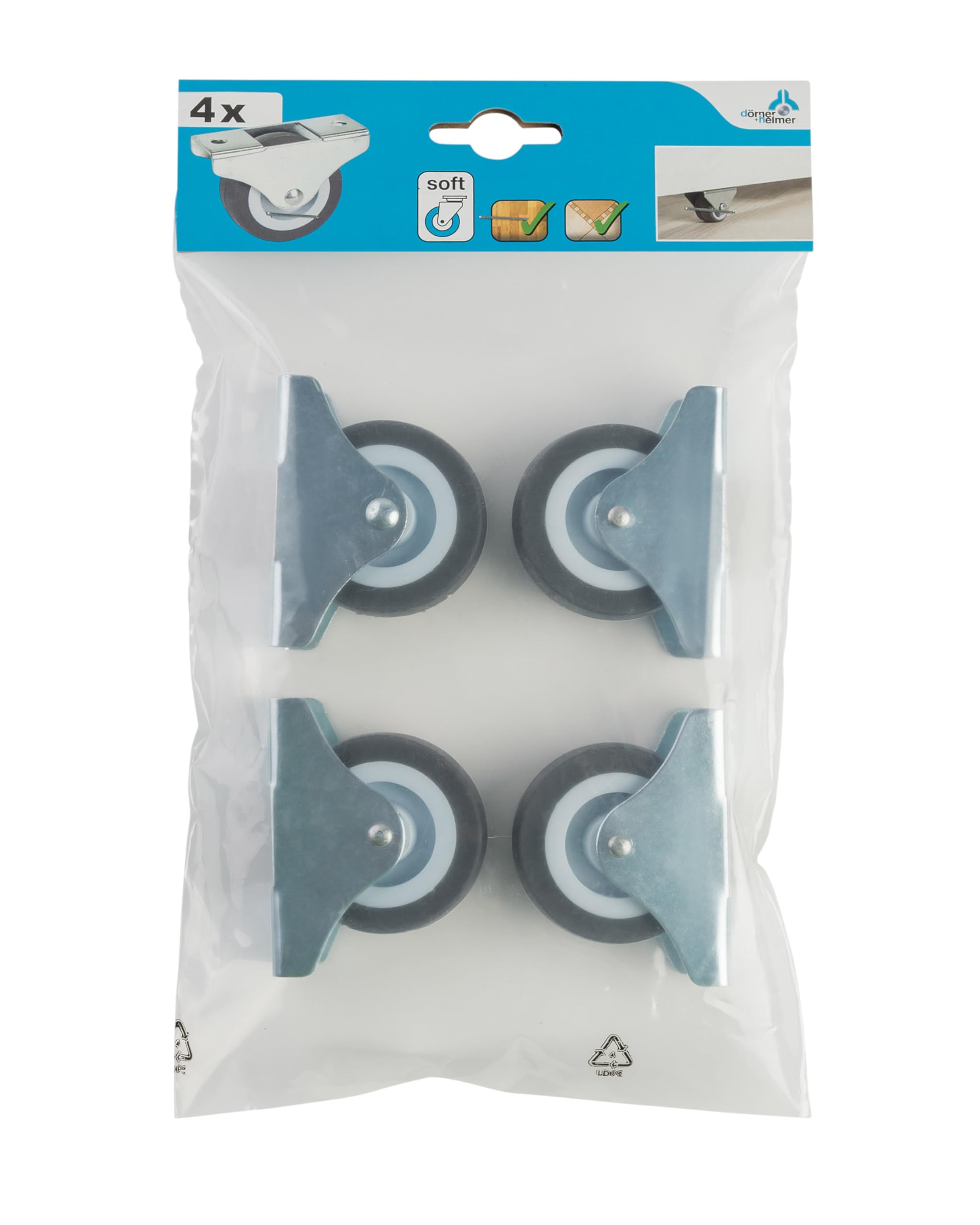 Dörner + Helmer Zestaw 4 kółek meblowych 50 mm, stałe kierunkowo, z płytką, TPE, nośność 165 kg/zestaw