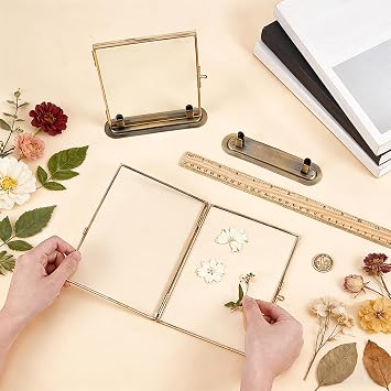 2PCS Double Glass Pressed Flower Frames 5 x 7 Inch Brass Floating Frame Vintage Gold Picture Frames Floating Hanging Photo with Metal Stand Tabletop Shelf Photo Frame Decor for Wedding Home