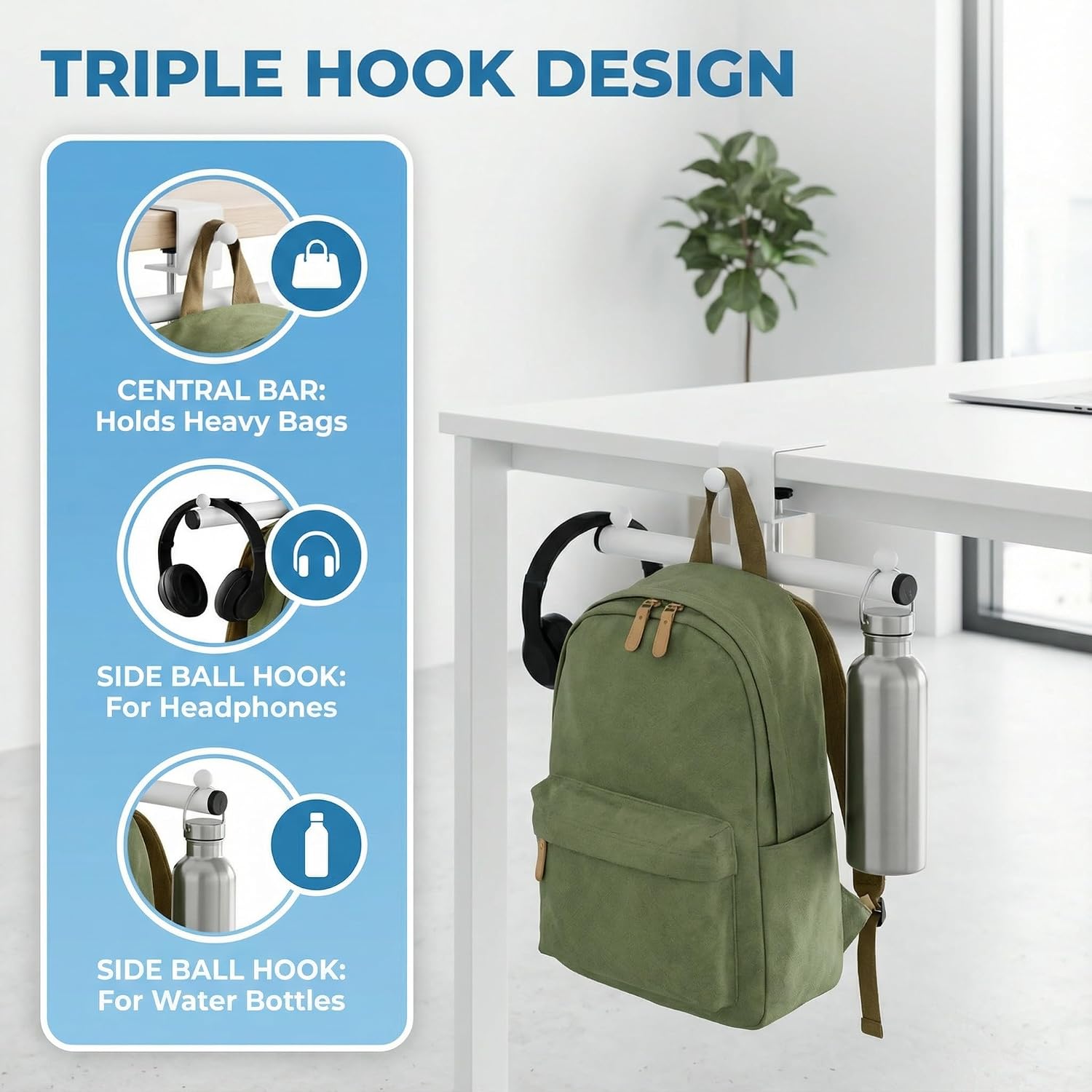 Condition photo showing New/Like New for heavy-duty backpack hanger for desk & table, adjustable desk hook for bag with 80lb capacity, t-shape backpack holder & purse hook for table, clip-on desk bag hook for office classroom home white