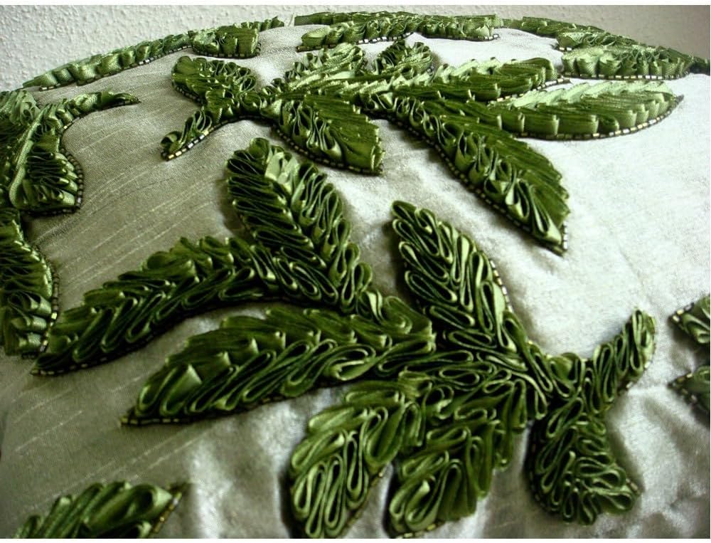 The HomeCentric Cushion Cover, 18x18 Pillow Cover Green, Designer Green Pillow Cover, Ribbon Leaf Tropical Theme Pillow Cover, 18x18 inch (45x45 cm) Throw Pillow Cover, Square Silk - Leafy Days