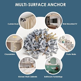 60 Pack Plasterboard Wall Plugs and Fixings, Hollow Wall Anchors | Heavy duty grey self-expanding anchors for plasterboard and hollow walls, with anti-rotation grip for home fittings