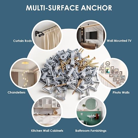 60 Pack Plasterboard Wall Plugs and Fixings, Hollow Wall Anchors | Heavy duty grey self-expanding anchors for plasterboard and hollow walls, with anti-rotation grip for home fittings