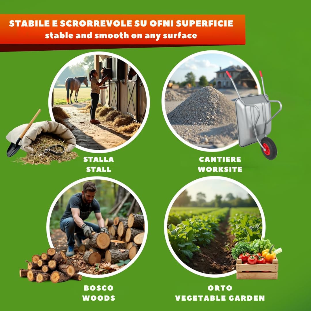 Carriola da Giardino 65L – Telaio in Acciaio Zincato, Ruota Pneumatica 4.00-6 Camera d’Aria, Portata 80kg – Ideale per Giardino,stalla,Cantiere