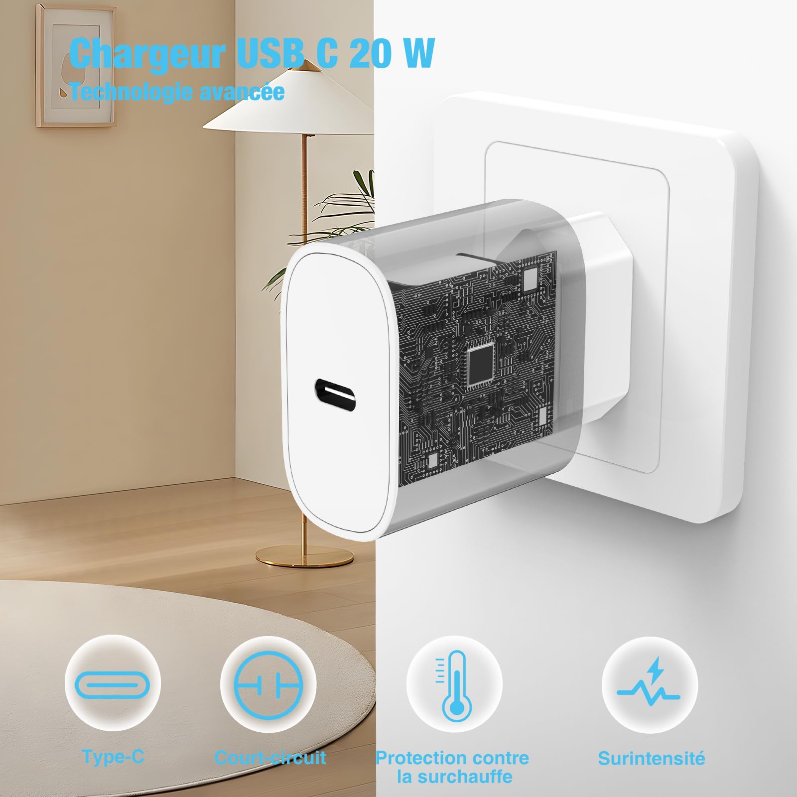 20W Chargeur USB C pour iPhone 17/16/15,Adaptateur USB C Chargeur Rapide avec 2m Câble USBC, Compatible iPhone 16e,16/15 Plus,17 Air, 17/16/15 Pro, Pro Max, Pad