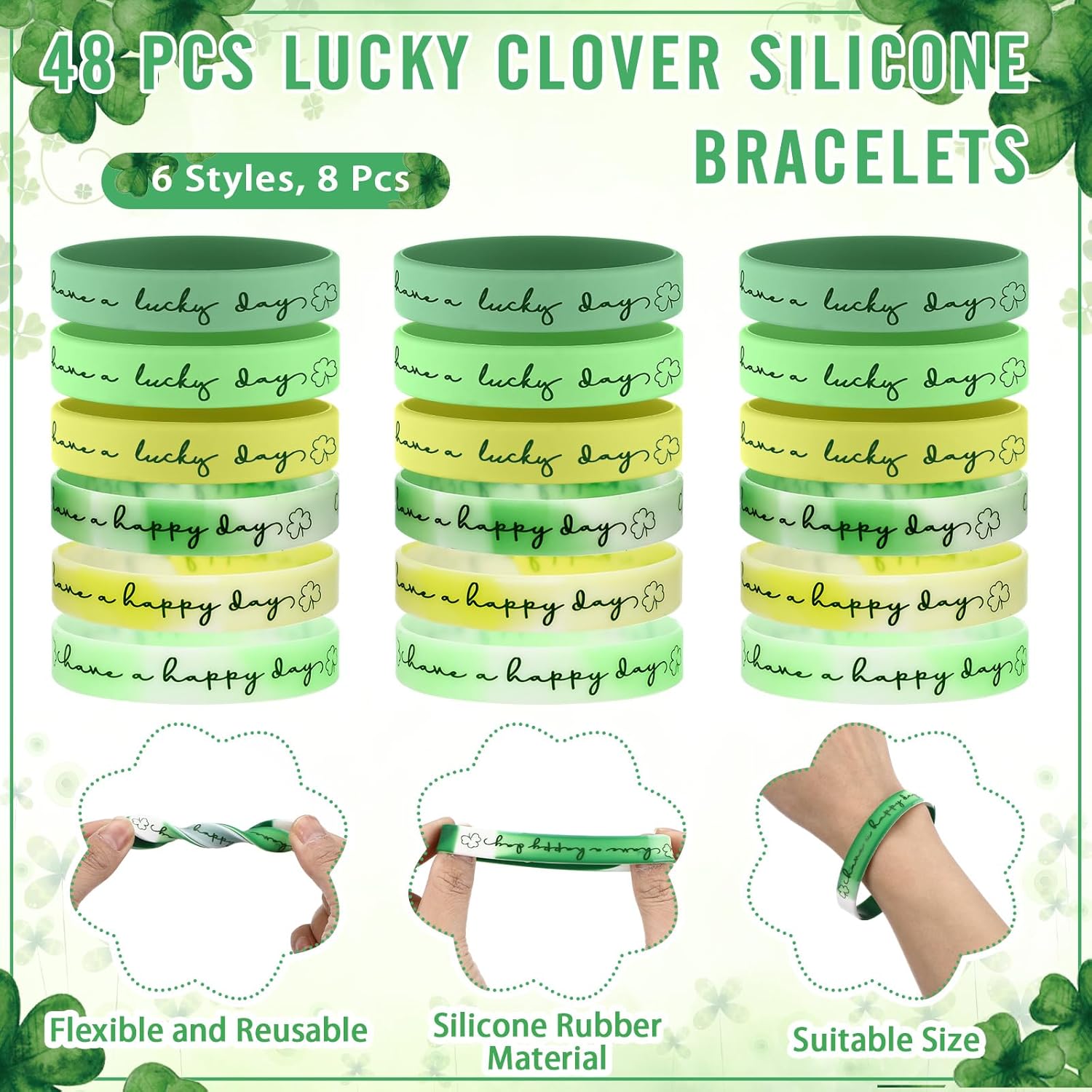 Sayglossy 144 Pcs St. Patrick's Day Party Favors Shamrock Ballpoint Pen Silicone Wristband Bracelet Green Irish Blessing Prayer Card Bulk Good Luck Clover Gift for Teacher Employee Office Supplies