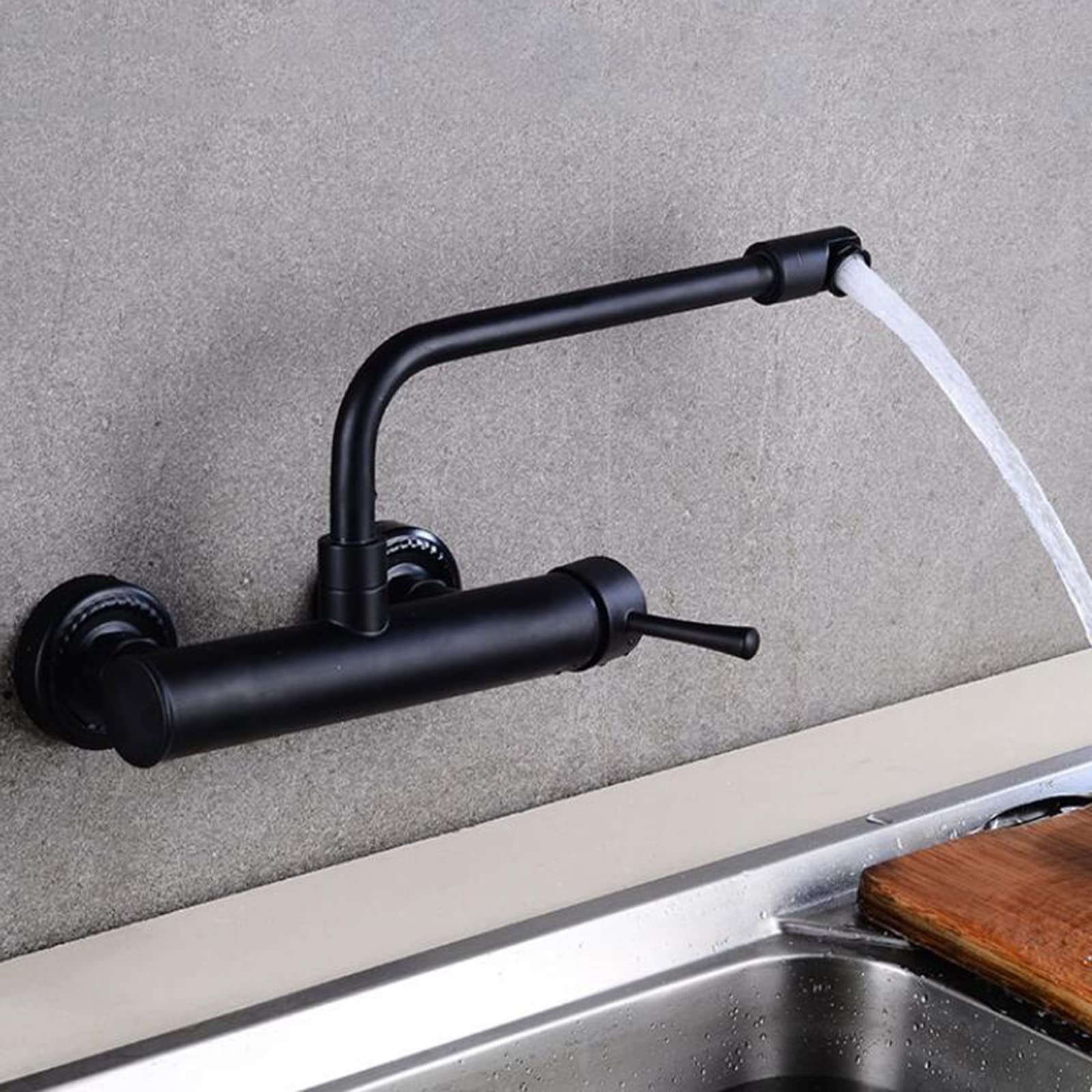 LYGSWDB Grifo de Cocina de latón de Pared, Giratorio de 28 cm, Agua fría y Caliente, Doble Orificio, Negro Mate, cocinas