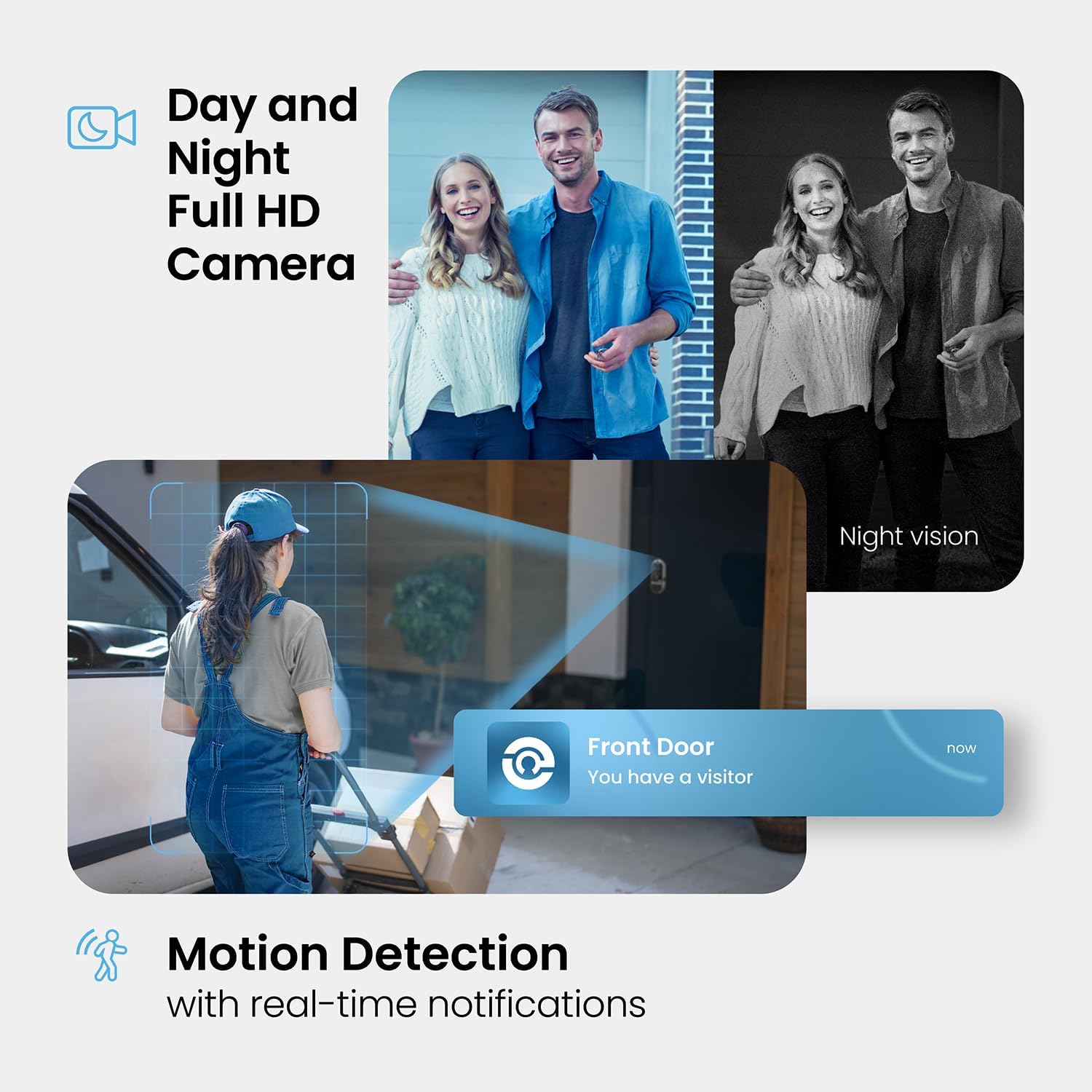Lockly smart lock camera view showing a person at the door and a notification for a visitor.