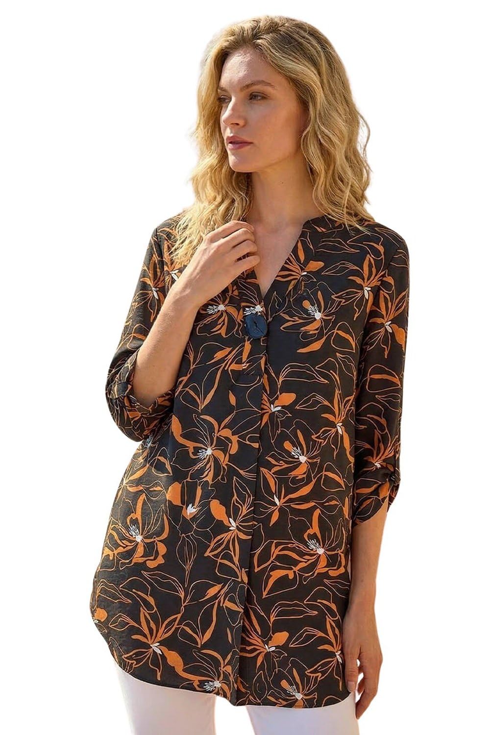 Roman Originals Women's Black Shirt For Uk Longline Top Collarless Blouse Smart Tunic Casual Evening Relaxed Fit 3/4 Length Sleeve Notch V Neck Long - Size 18