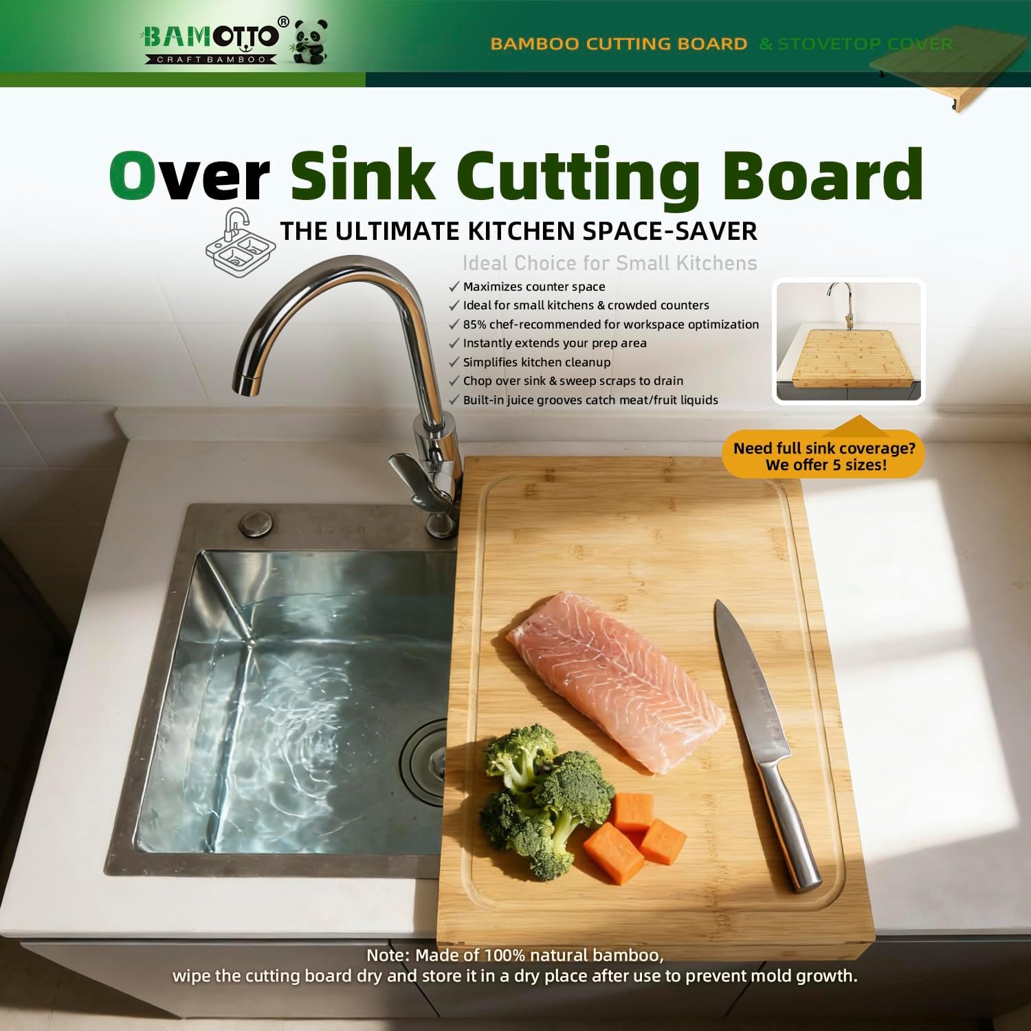 BAMOTTO CRAFTBAMBOO 16 x 22 Inch Bamboo Cutting Board, Over-the-Sink Board and Stovetop Cover with Detachable Support Legs & Front Lip, for RV Camper and Home Kitchen