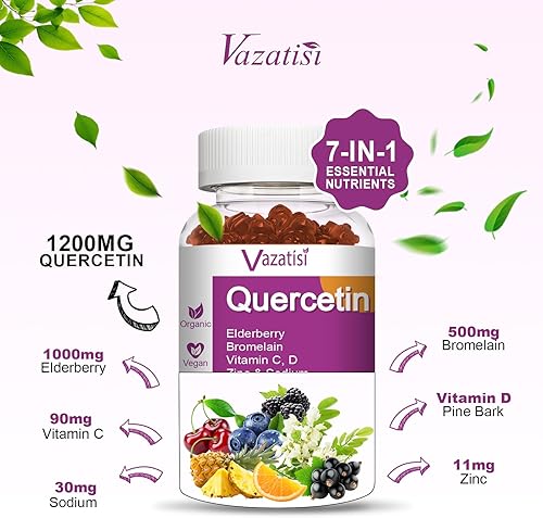 Miniatura 7 de Gomitas de quercetina, quercetina orgánica con vitamina C y zinc, bromelina, saúco y vitamina D, apoyo inmunológico, adultos y niños, mujeres y