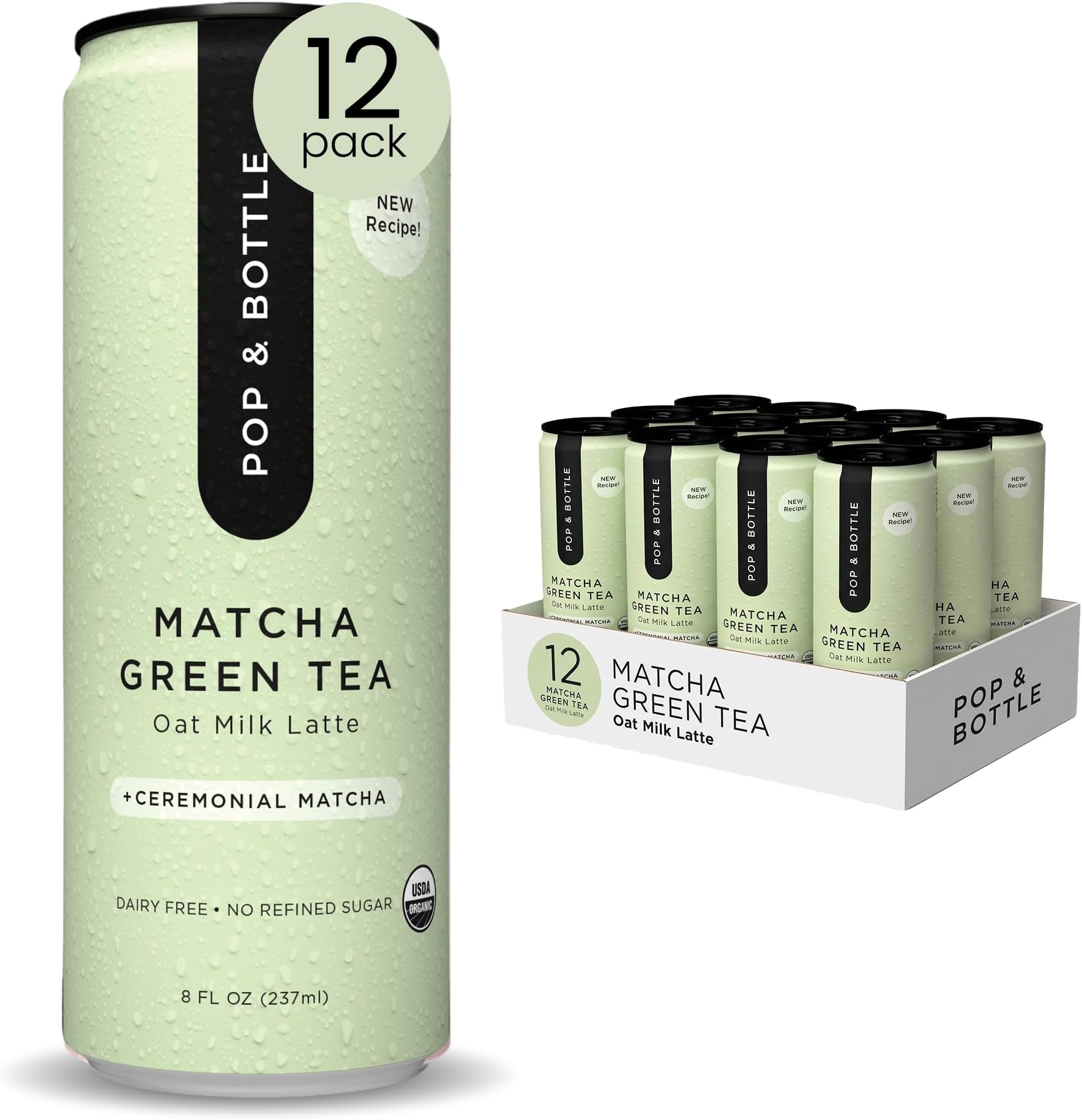 Pop & Bottle Oat Milk Lattes, Matcha Green Tea, 8 Fl Oz, 12 Pack
