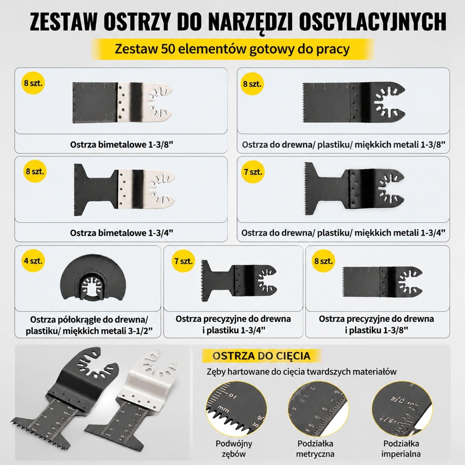 Ostrza do multinarzędzia oscylacyjnego, 50 szt, do drewna i metalu