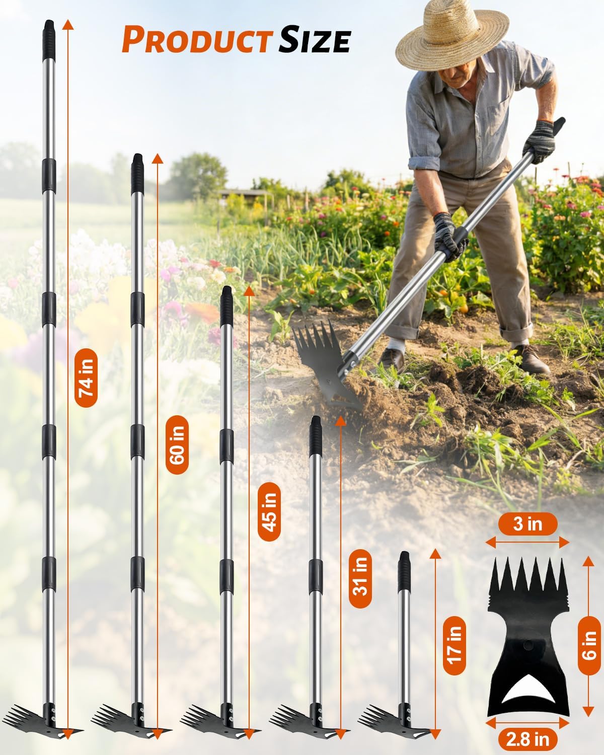 Weed Puller Tool with 70" Long Handle, Heavy Duty 2-in-1 Weeder & Garden Hoe, Uprooting Tool for Lawn, Yard, Patio & Garden, Hand Weed Rake for Efficient Gardening (70 inch)