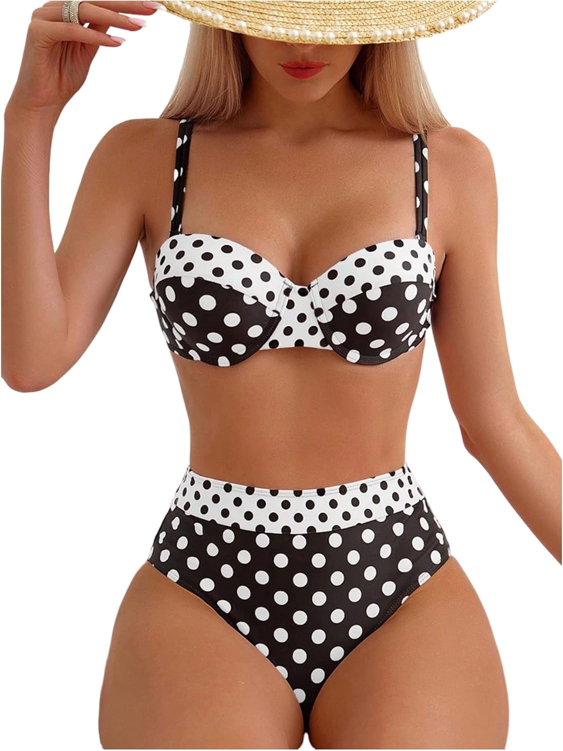 SweatyRocks Women's Polka Dots 2 Piece Bikini Set Color Block High Waisted Thong Bathing Suit Swimwear