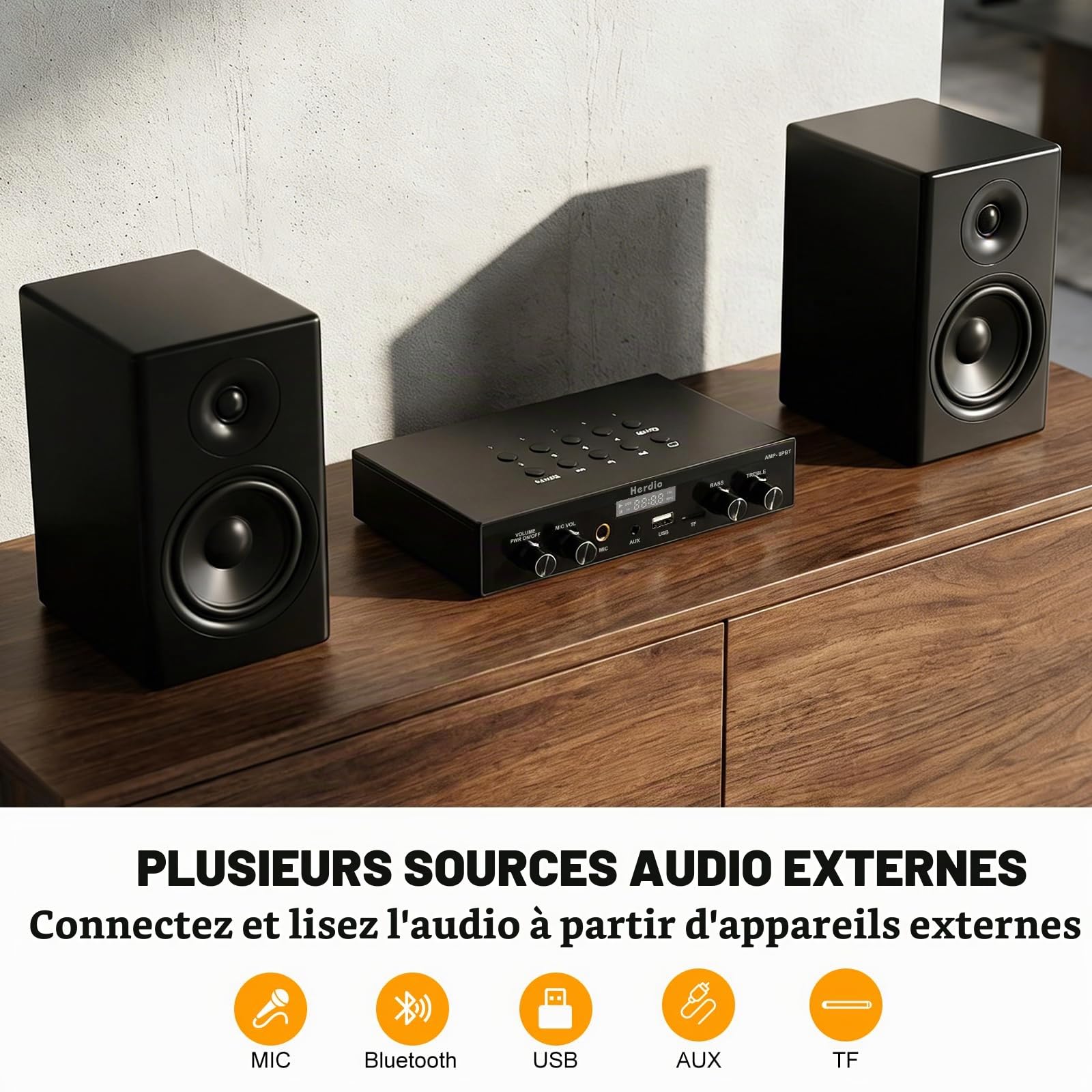 Herdio Bluetooth 5.4 Stereo Audio Amplifier Receiver - 60W Peak Power x 8 Channel with USB/TF/AUX/MIC Inputs, Bass/Treble Control, 4 Zone Independent Power Control for Multi-Room Home Audio System