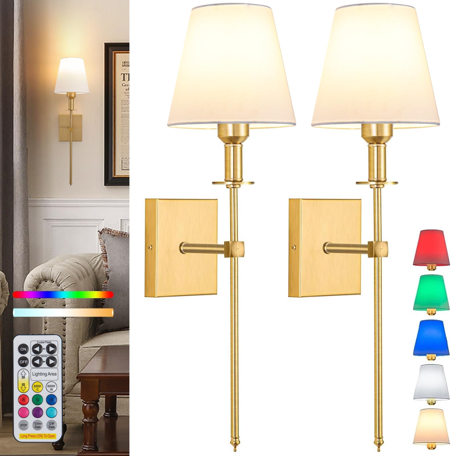 Aiehnid Battery Operated Wall Lights Set of 2,Gold Rechargeable Wall Lights with Remote Wireless Light for Wall,9 Colors Modes Cordless Indoor Battery Wall Sconce for Bedroom Living Room Hallway