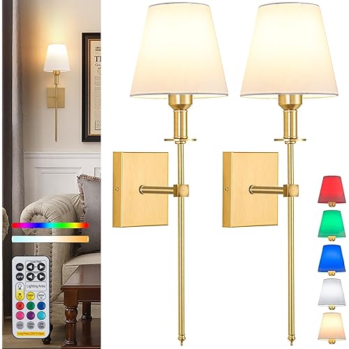 Battery Operated Wall Sconce Set Of 2,Rechargeable Wireless Wall Light With Remote 12 Colors Dimmable Bulbs,Indoor Fabric Shade Wall Decor Fixtures,for Bedroom,apartment，Farmhouse ( Color : Gold )