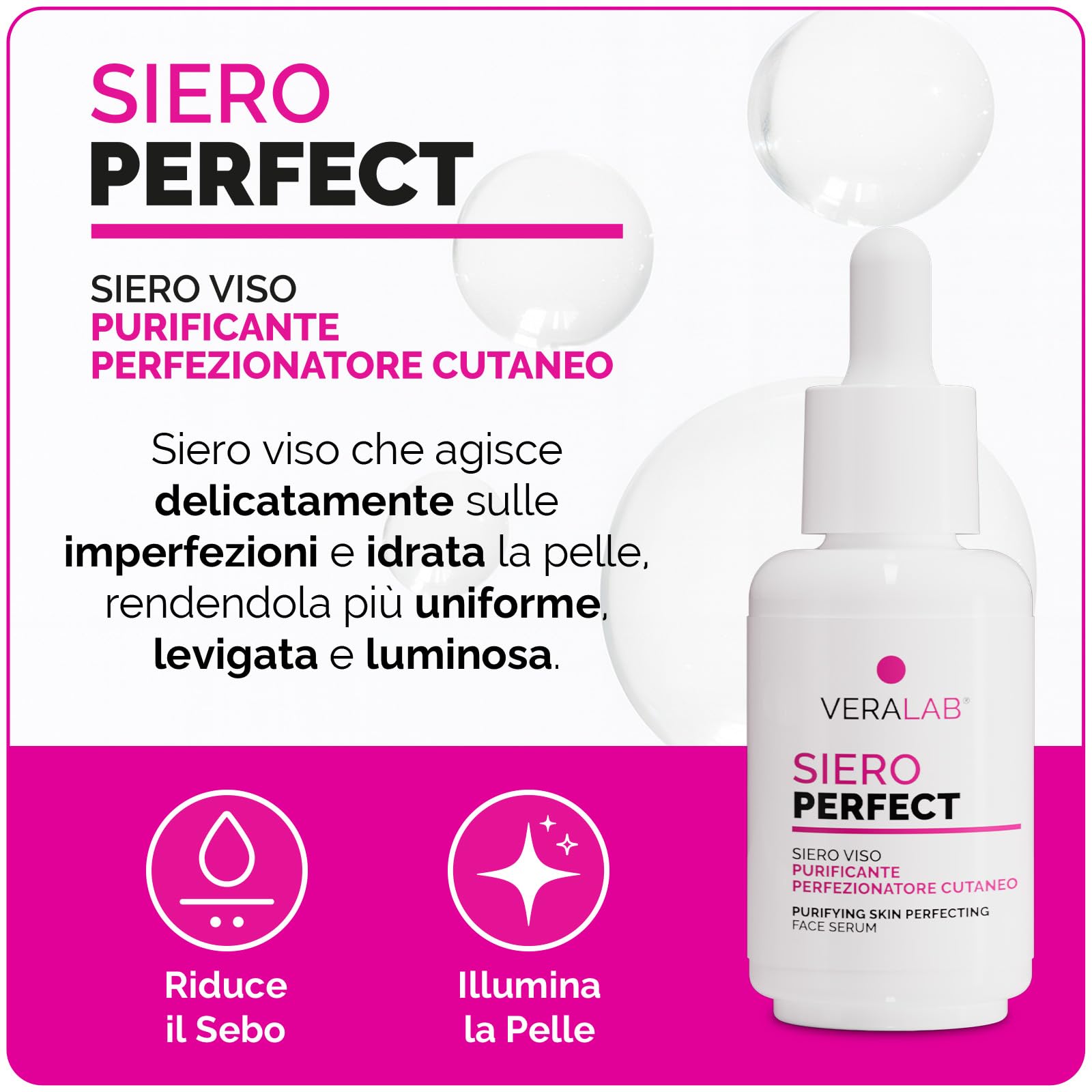 Veralab Perfect, Siero Viso Purificante e Perfezionatore Cutaneo con Azione Idratante, 30ml