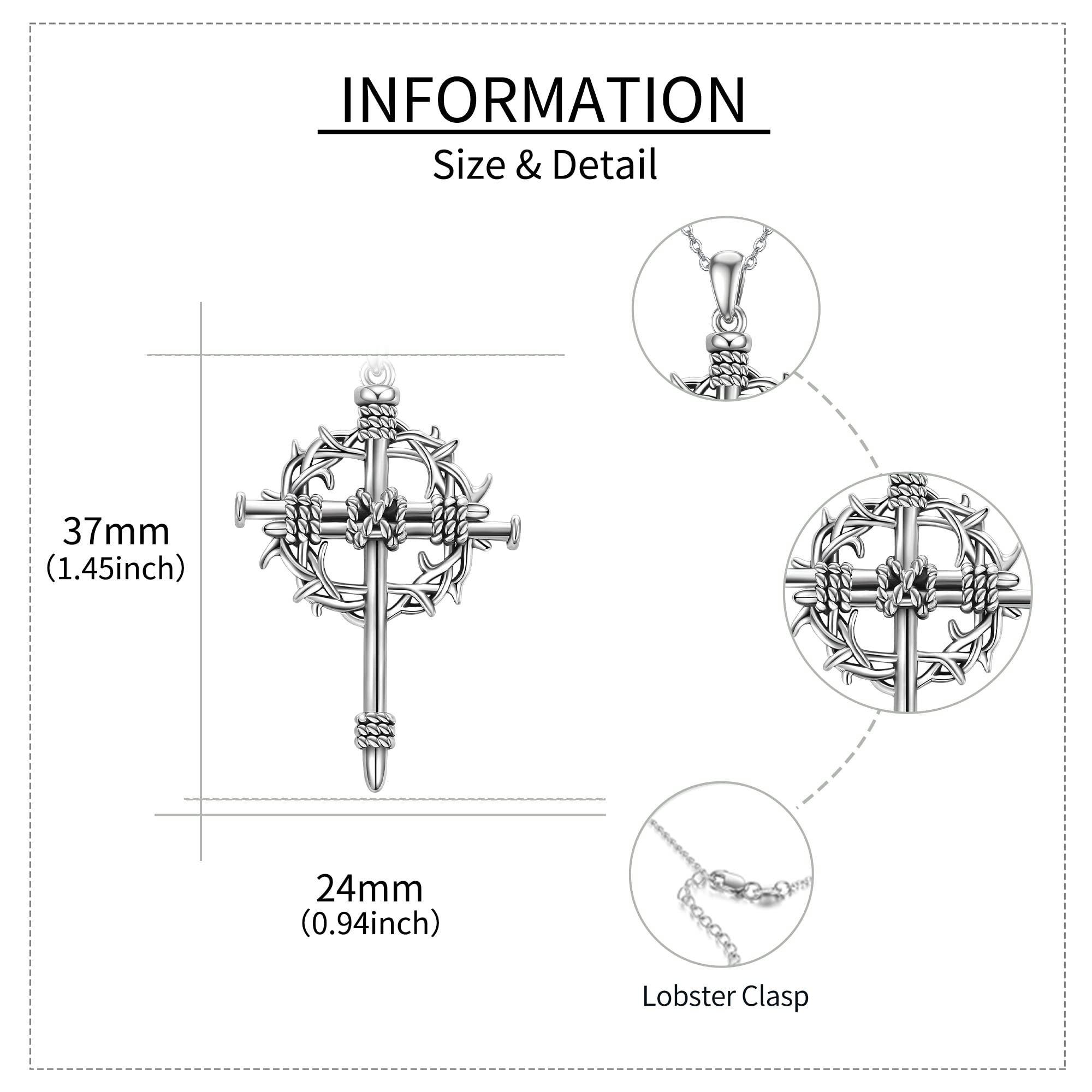 ONEFINITY Collar de cruz de uñas de plata de ley 925 con colgante de crucifijo de espinas, Cadena, Joyería religiosa, Regalos de cruz para hombres y mujeres, Plata esterlina