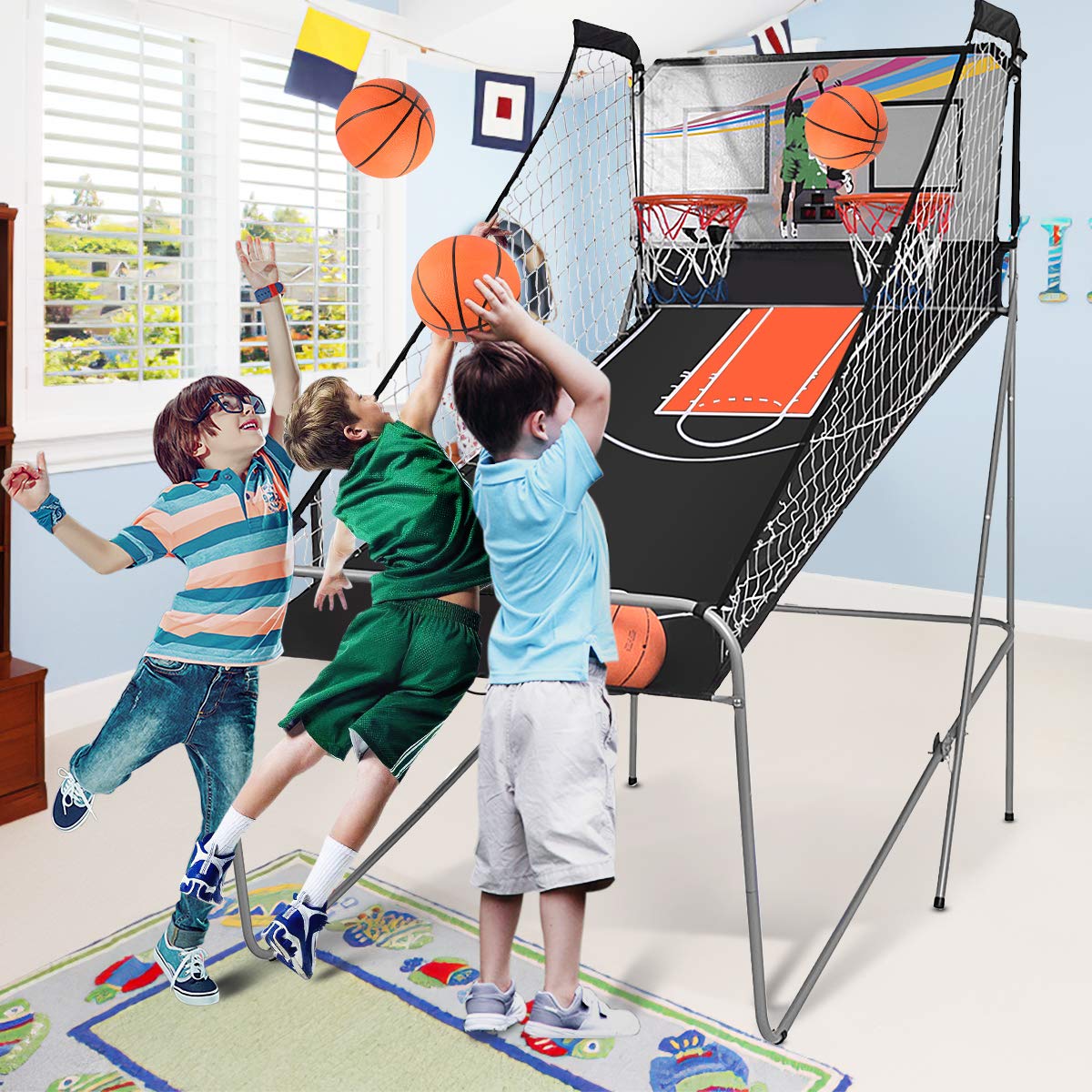 DREAMADE Basketballautomat elektronisch, Basketball Schießmaschine inkl.4 Basketbälle,Basketball Shoot Out mit Anzeigetafel & 8 Verschiedenen Spielmodi, Basketballspiel Arcade für Indoor Outdoor