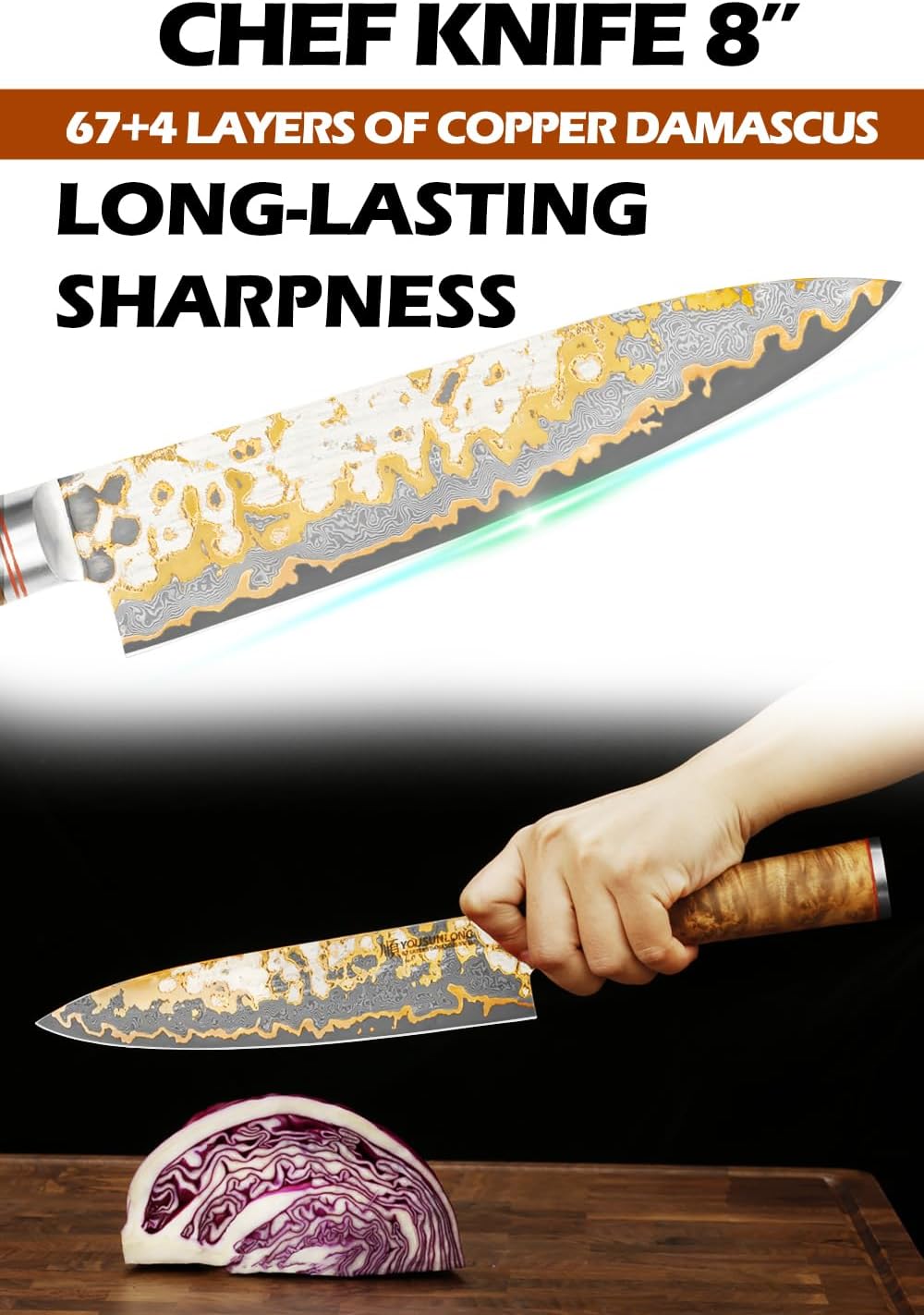 YOUSUNLONG Chef Knife - 8'' Blade Japanese Handmade Copper Damascus Steel - Professional Chef's Knife - Razor Sharp Slicing Knife - Naturel Burl Wooden Handle with Leather and Acacia Wood Box