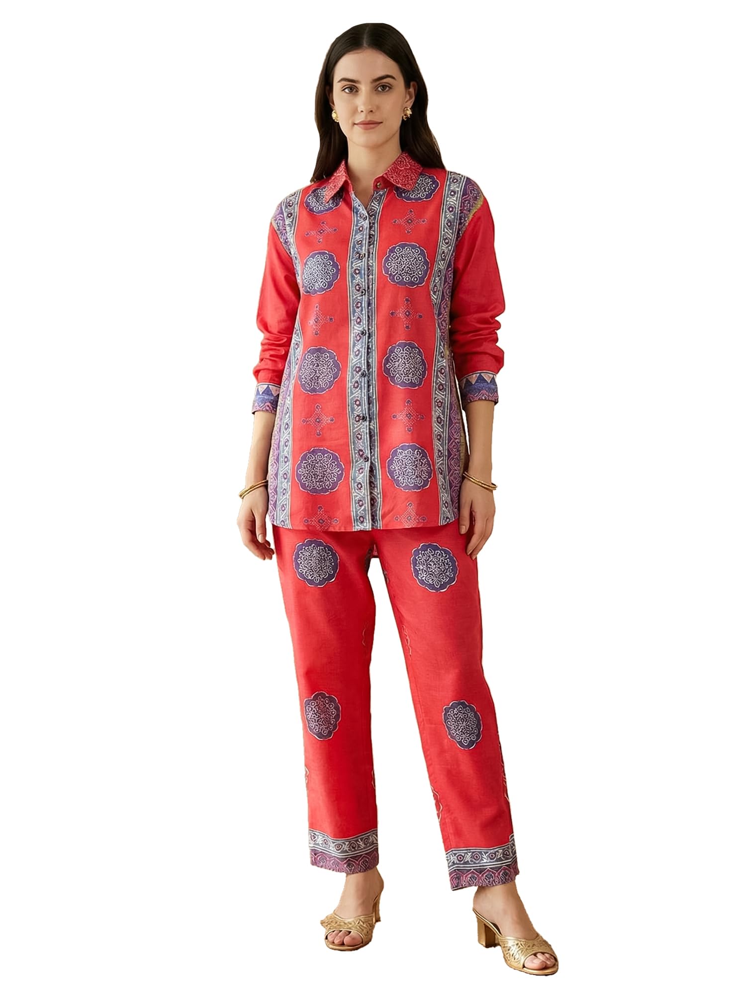 indo era Women's Silk Blend Printed Shirt Collar Shirt & Pant Set (LWCDAI1075)-picture-56