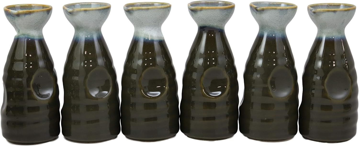 Ebros Gift Glazed Ceramic Pottery Heaven And Earth 'Ten To Ji' Design Japanese Rice Wine Sake 4 Piece Set Of 1 Tokkuri (Army Green And White Loyalty Pack Of 6 Sake Flasks)