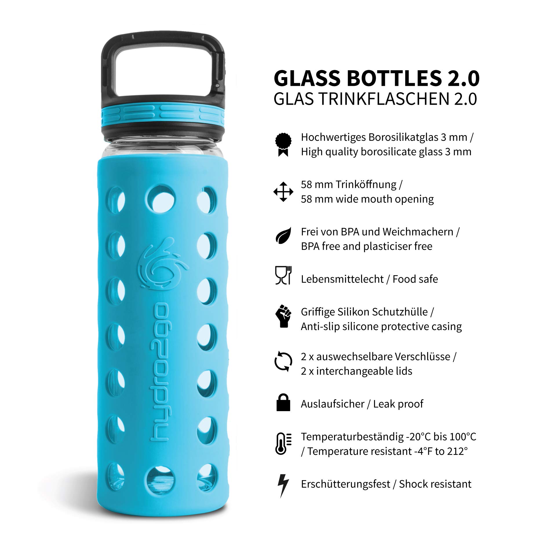 hydro2go Glas-Trinkflasche 550 ml mit Silikonhülle und 2 Deckeln, BPA-frei