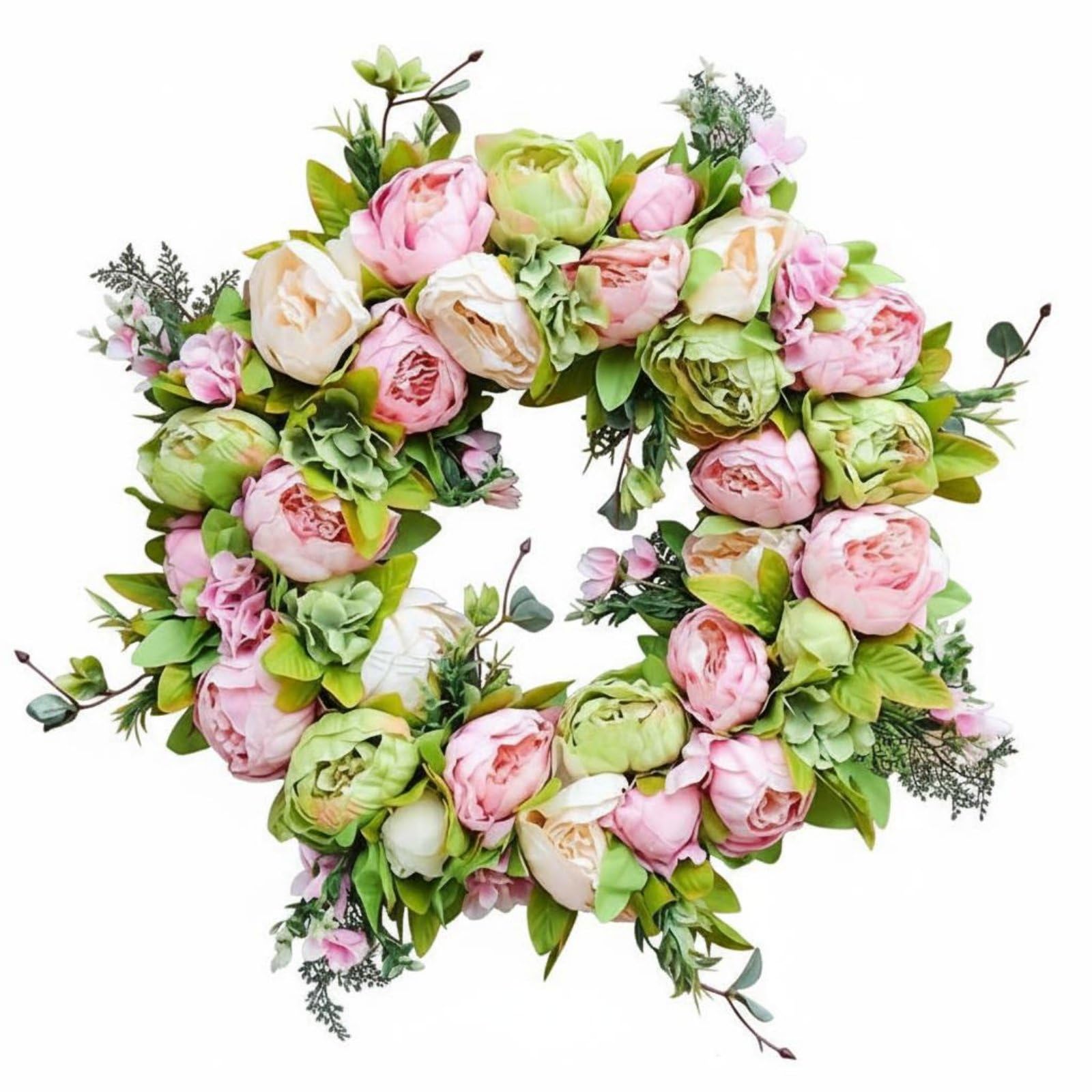 Couronne de pivoines artificielles et feuillage pour porte et mariage