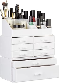 Relaxdays Organizer with Drawers, Stacking Makeup and Jewellery Box, Acrylic Cosmetic Kit, White, 14 x 24 x 30 cm