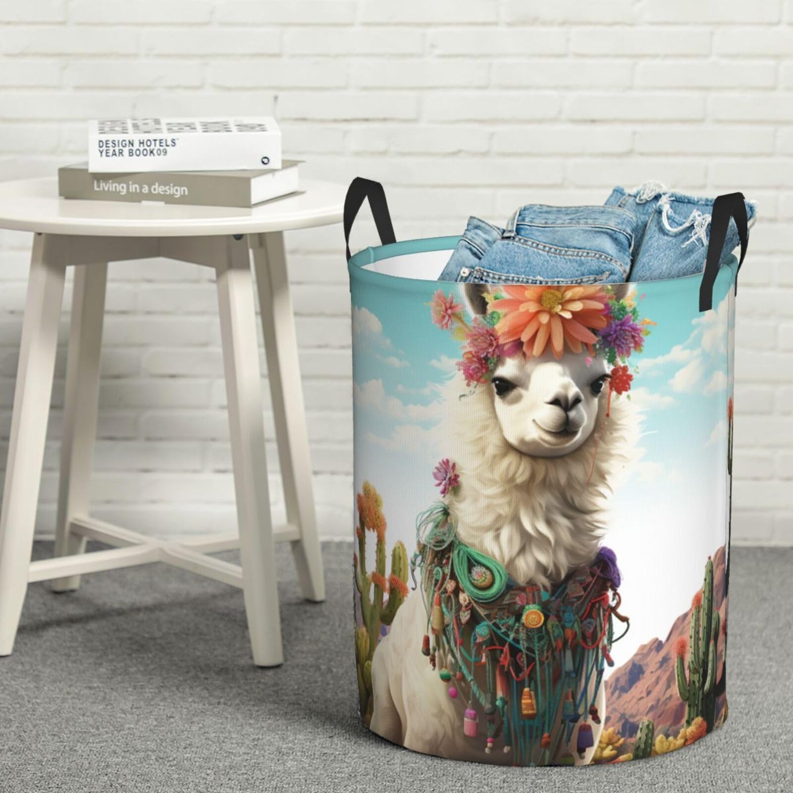 Fodpand Black Mexican Llama Cactus Laundry Basket With Handle, Freestanding Laundry Hamper, Collapsible Dirty Clothes Hamper, Waterproof Fabric Blanket Storage Basket Tall Toy Storage Bin Room Decor Small