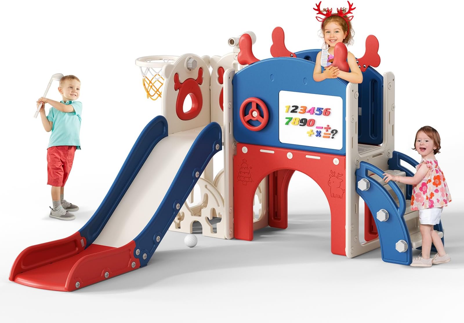 Christmas Elk Theme Toddler Slide,Toddler Slide Freestanding with Basketball Hoop, golf set,Baby Slide Playground Equipment,for in/outdoor use (Blue Red-6 in 1)