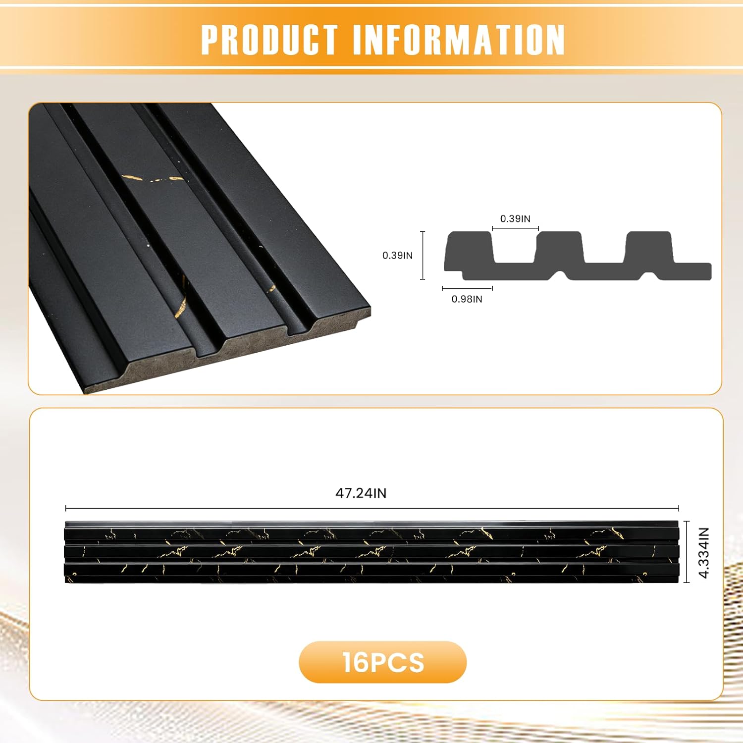 16 Pack Faux Marble Slat Wall Panels for Interior Wall Decor, Waterproof Lightweight Decorative Panels for Accent Wall, DIY Wall Covering for Living Room Bedroom TV Wall, 47.2" × 4.3", Black