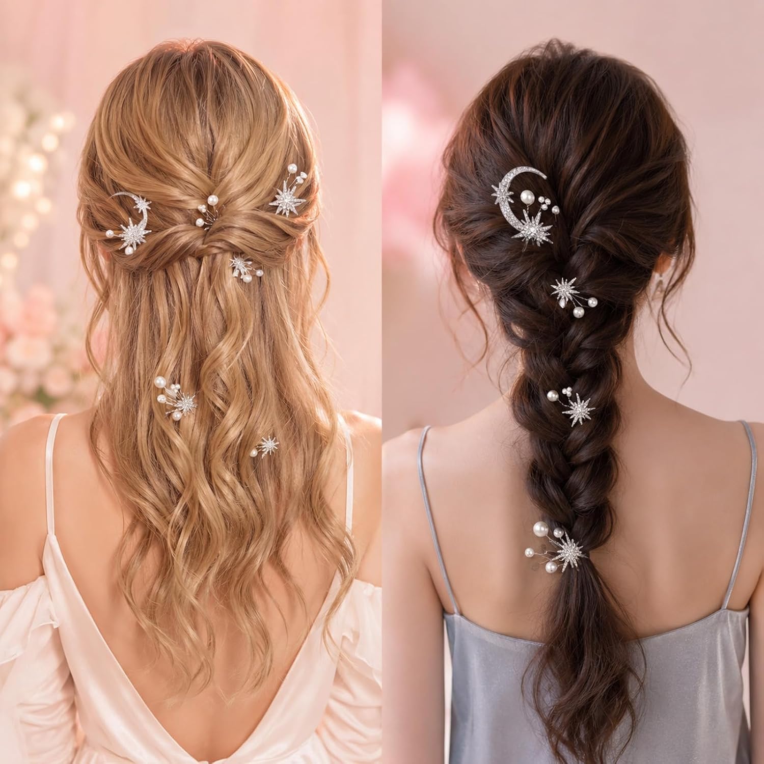 Star Moon Hair Clip, Sparkling Rhinestone Pearl Celestial Hair Accessories image 4