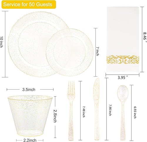 Vista 16 de I00000 - Juego de vajilla dorada de 700 piezas, 200 platos de plástico dorados, juego de 300 cubiertos desechables dorados, 100 vasos, 100 Oro,Claro