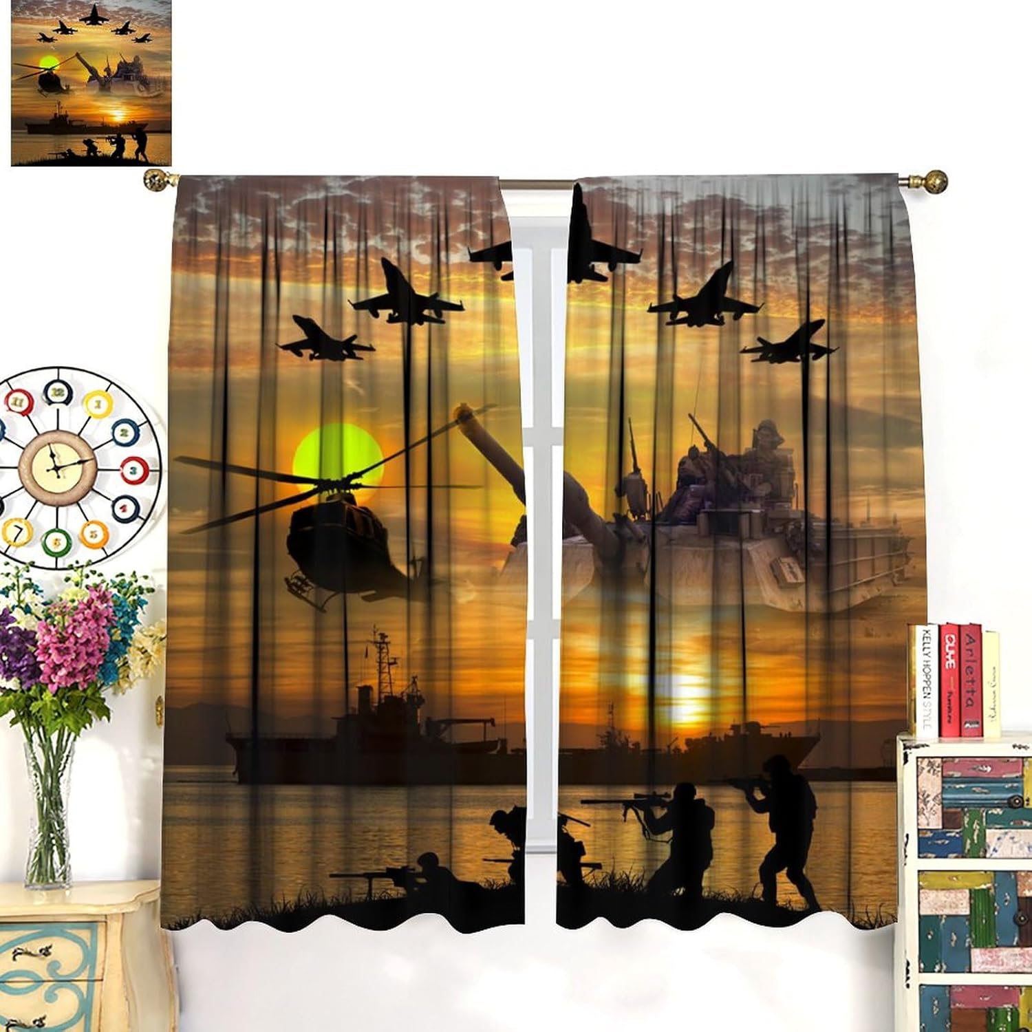 Brebasf Cool American Soldier Theme Blackout Curtains for Bedroom,Rustic Teen Room Decor Fighter Aircraft Print Room Darkening Window Curtains with Rod Pocket - 2 Panels 45" L x 21" W