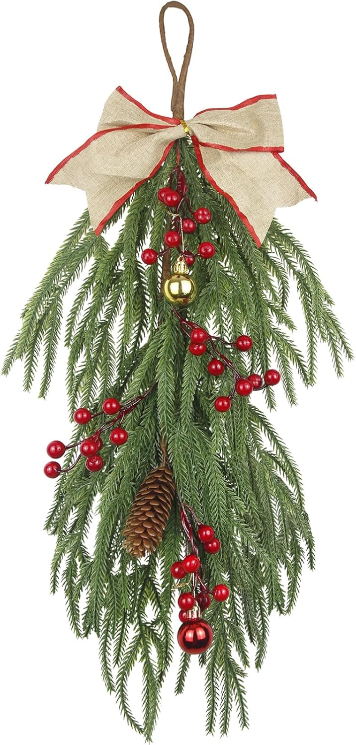 Christmas Swags for Front Door Artificial Teardrop Floral Swag Wreath Red Berries Bow and Christmas Balls Winter Cedar Garland Xmas Door Swag for Wall Hanging Indoor Outdoor Fireplace Decor