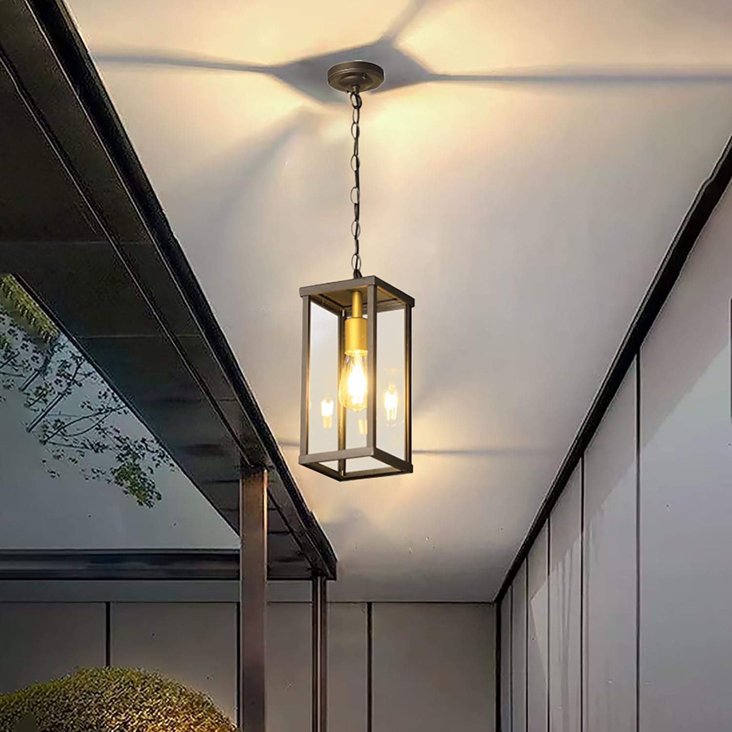 XINYASEE Farol Colgante de Techo Exterior,Lámpara colgante sencilla de un cabezal de aluminio fundido con cristal,E27 Lámpara de Techo para Jardín Terraza Balcón,Patio e interior (Altura: 37 cm)