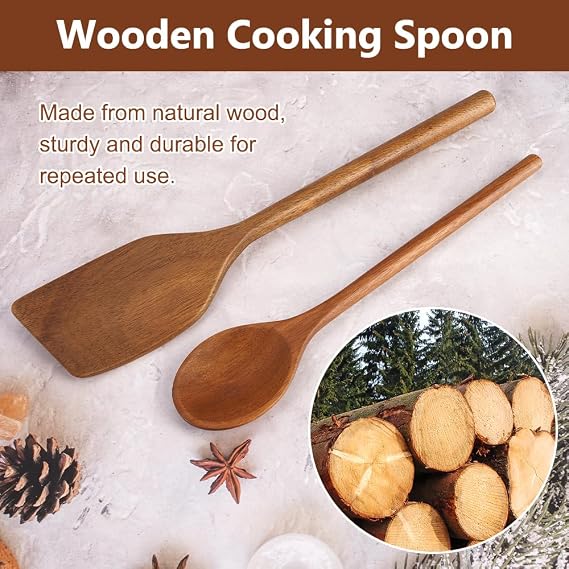 2Stück Kochlöffel Holz SetHolzkochlöffelKochlöffel Holz&Pfannenwender30cm Holzlöffel für Küche Rühren und Kochen Pfannenwender Holzspatel zum Kochen Küchenhelfer Set Kochutensilien