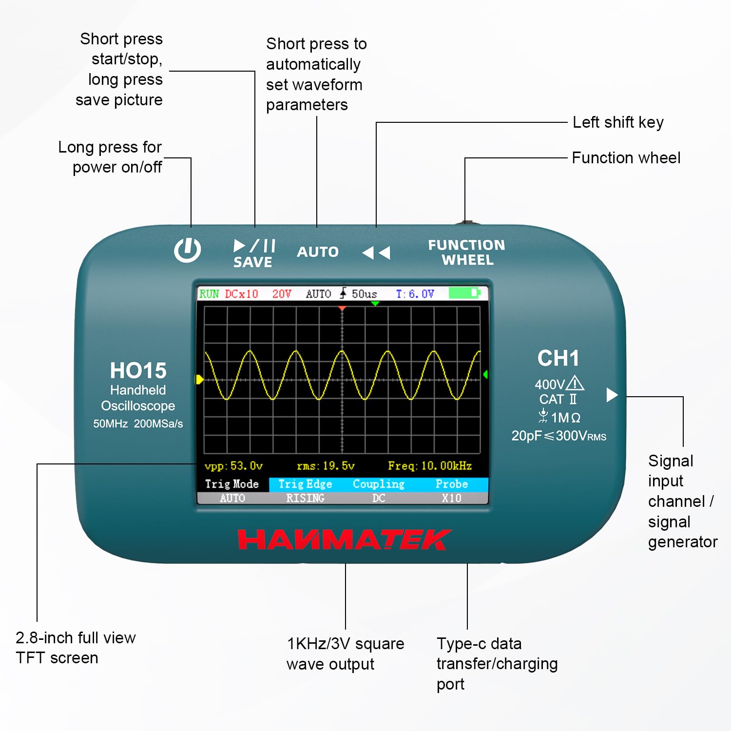HANMATEK Oscilloscopio Digitale, Mini Oscilloscopio Portatile 50MHz 200MSa/s, 2 in 1 con Sorgente di Segnale, 2,8" TFT, Ricaricabile USB-C, HO15